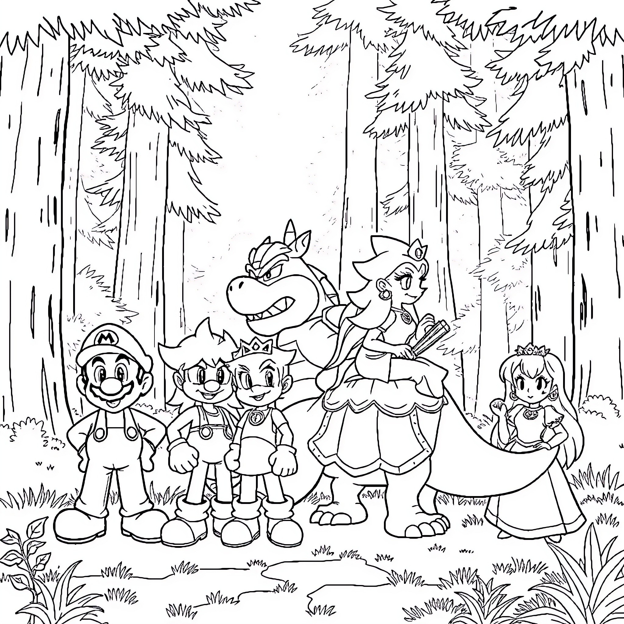 Mario and friends embark on an adventure in the forest Coloring Page (free black-and-white line drawing printable PDF for all, from beginners to advanced learners, including children, teens, adults, and seniors)