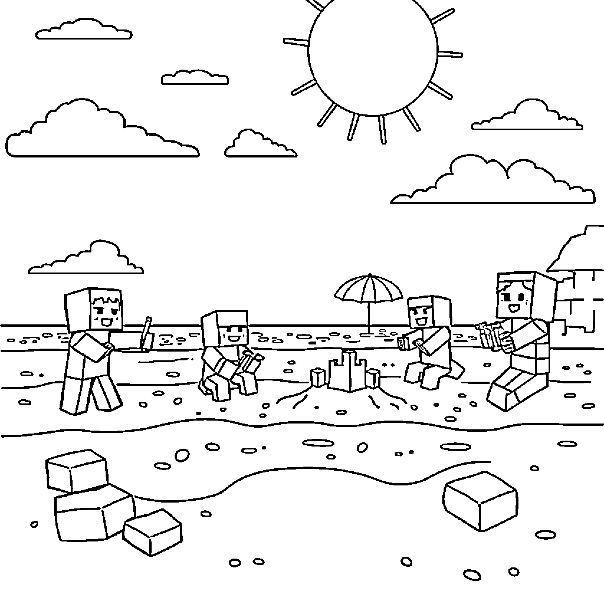 Minecraft characters enjoying a sunny day on the beach Coloring Page (free black-and-white line drawing printable PDF for all, from beginners to advanced learners, including children, teens, adults, and seniors)