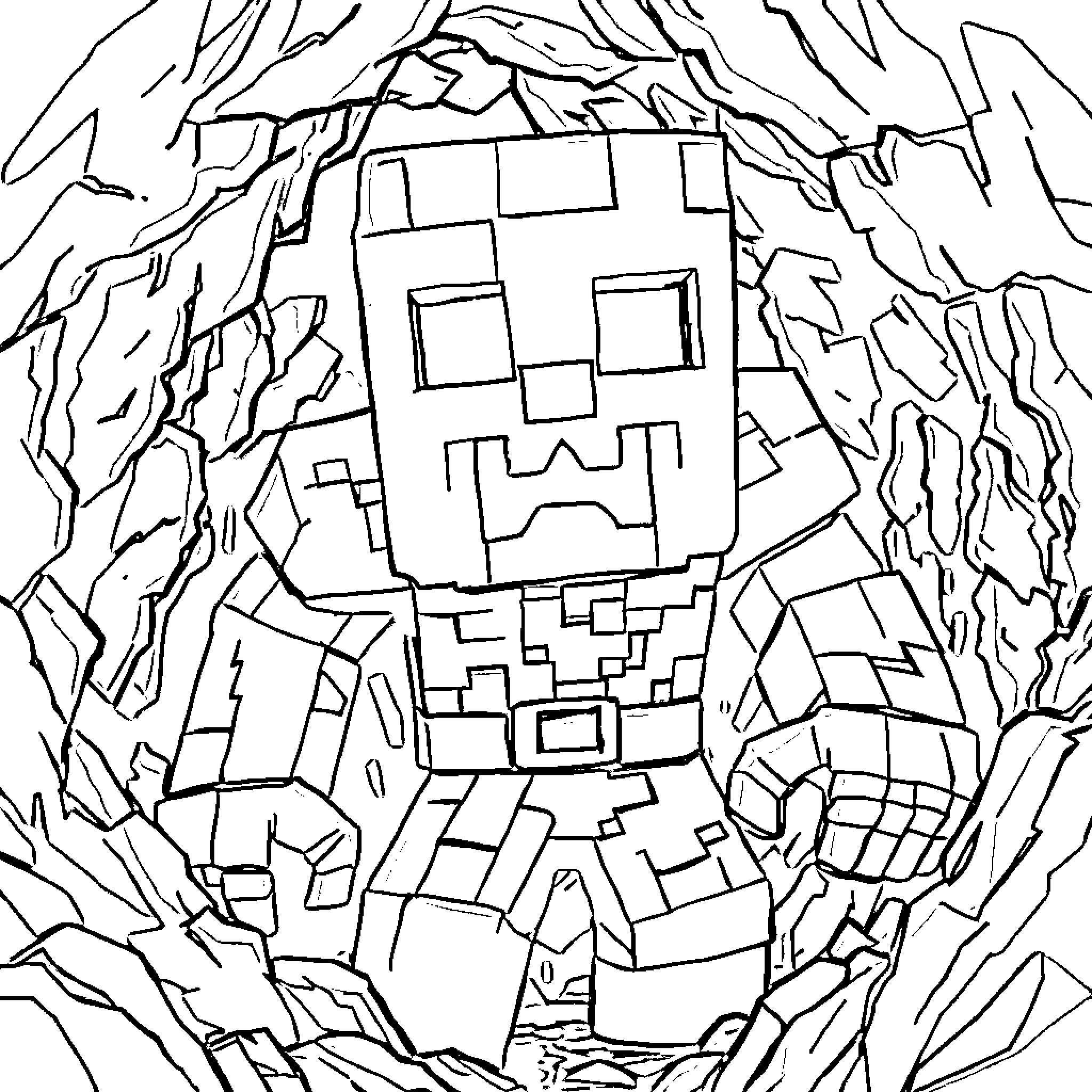 Warden patrolling the depths of a treacherous cave Coloring Page (free black-and-white line drawing printable PDF for all, from beginners to advanced learners, including children, teens, adults, and seniors)