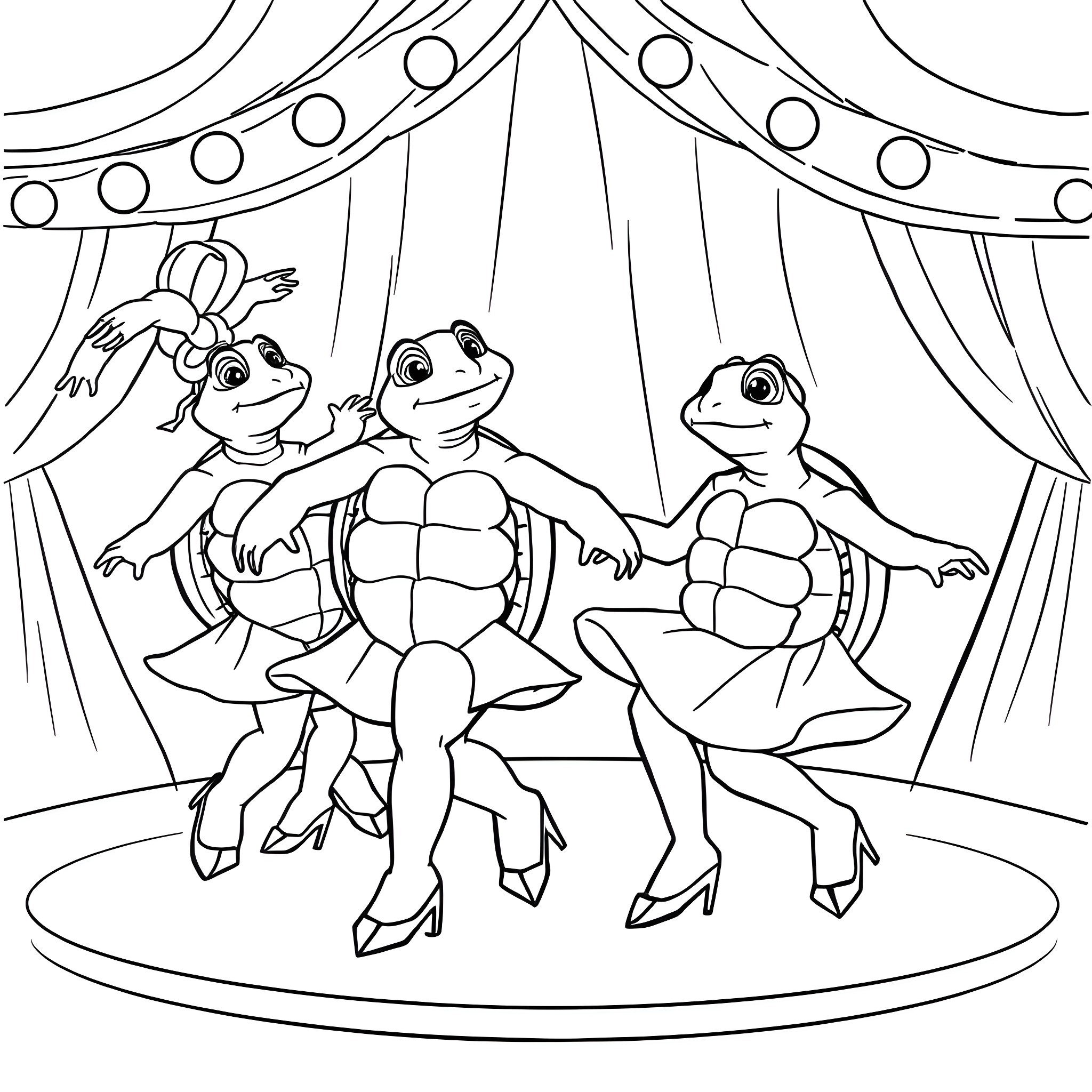 Turtle performers in a circus show Coloring Page (free black-and-white line drawing printable PDF for all, from beginners to advanced learners, including children, teens, adults, and seniors)