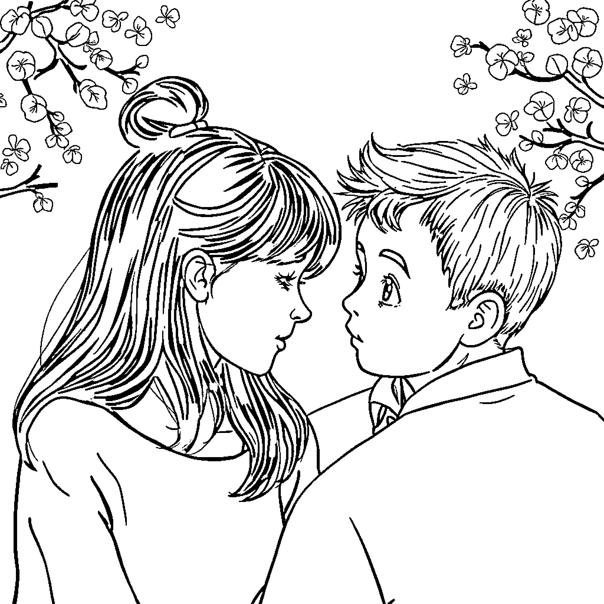 Enfant in Floral Embrace Coloring Page (free black-and-white line drawing printable PDF for all, from beginners to advanced learners, including children, teens, adults, and seniors)