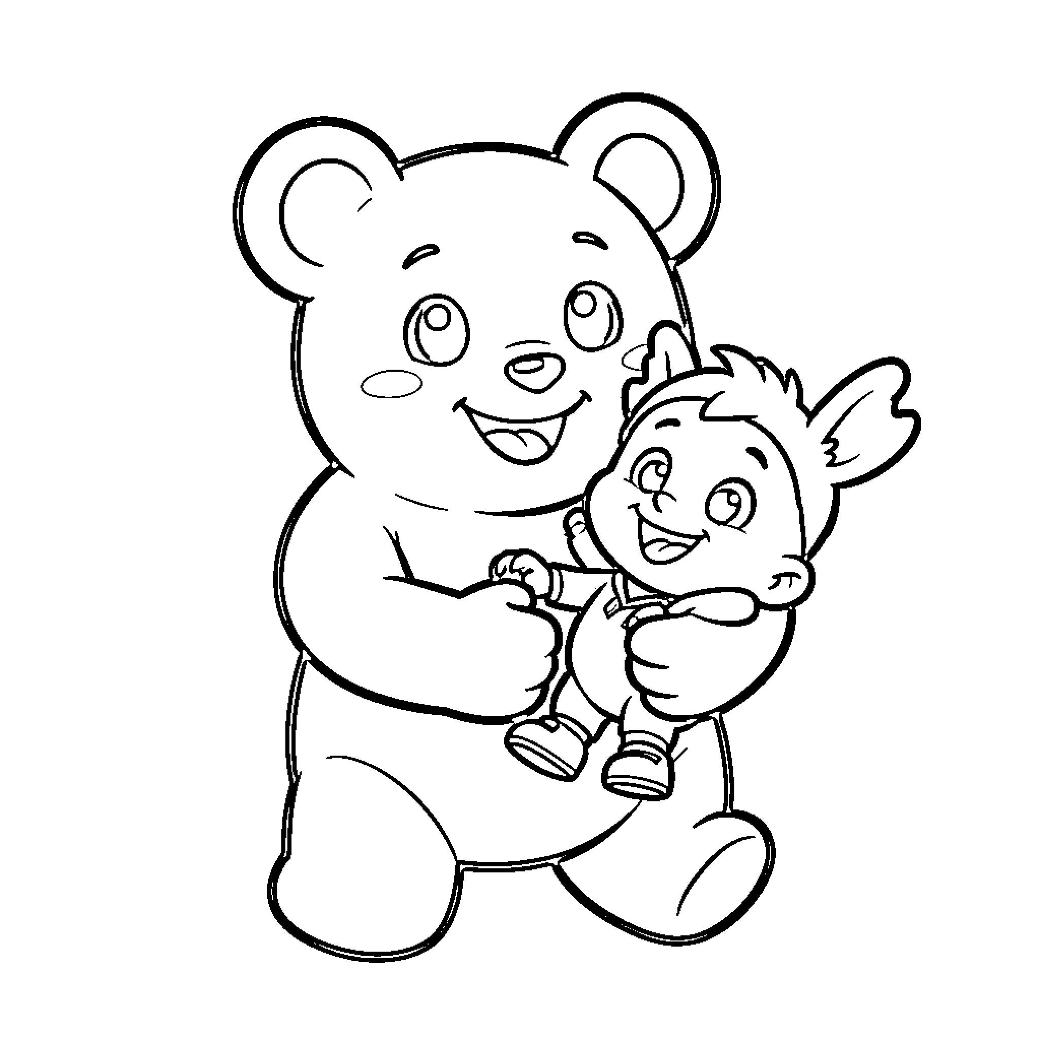 Gummy Bears playing together happily Coloring Page (free black-and-white line drawing printable PDF for all, from beginners to advanced learners, including children, teens, adults, and seniors)