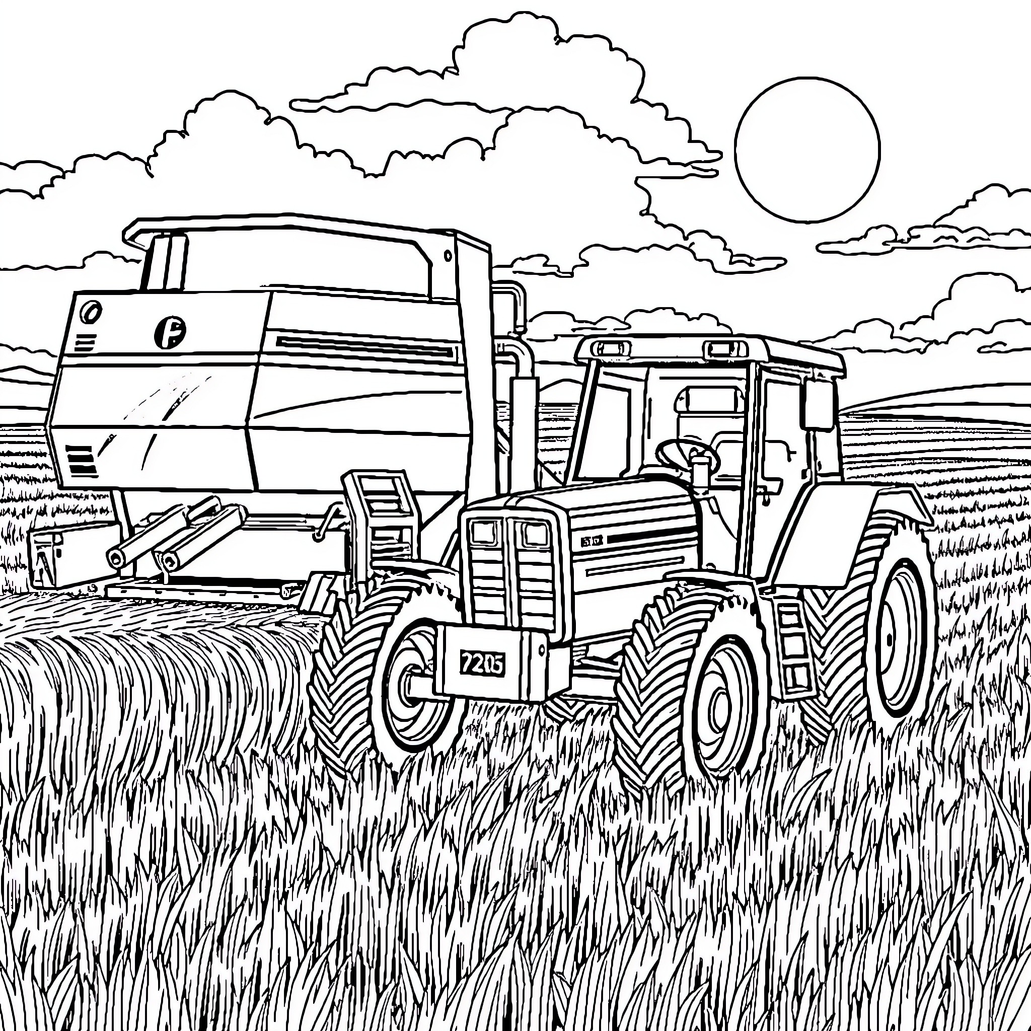 Tractor plowing through fields under cloudy sky Coloring Page (free black-and-white line drawing printable PDF for all, from beginners to advanced learners, including children, teens, adults, and seniors)