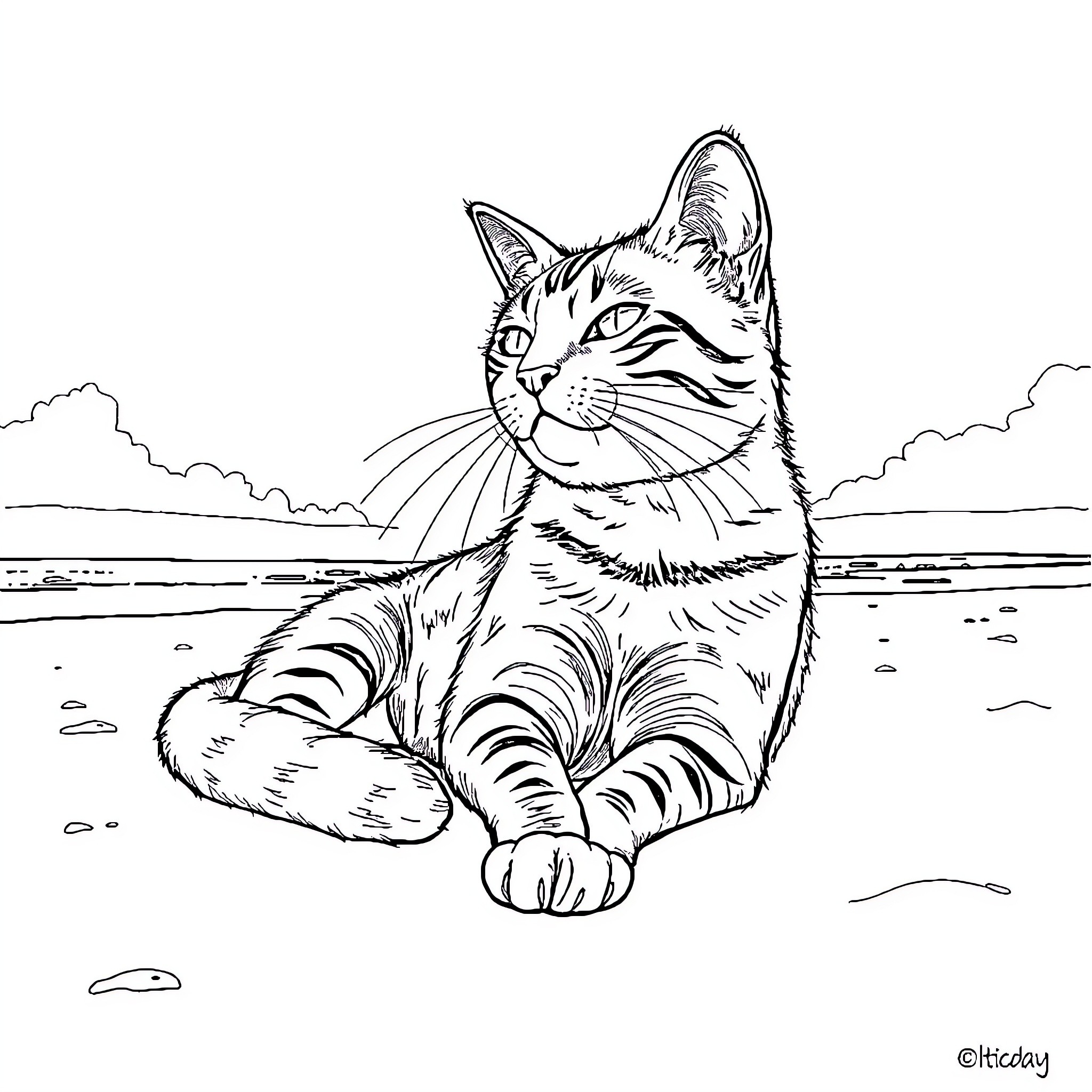 Cat resting peacefully by the shore Coloring Page (free black-and-white line drawing printable PDF for all, from beginners to advanced learners, including children, teens, adults, and seniors)