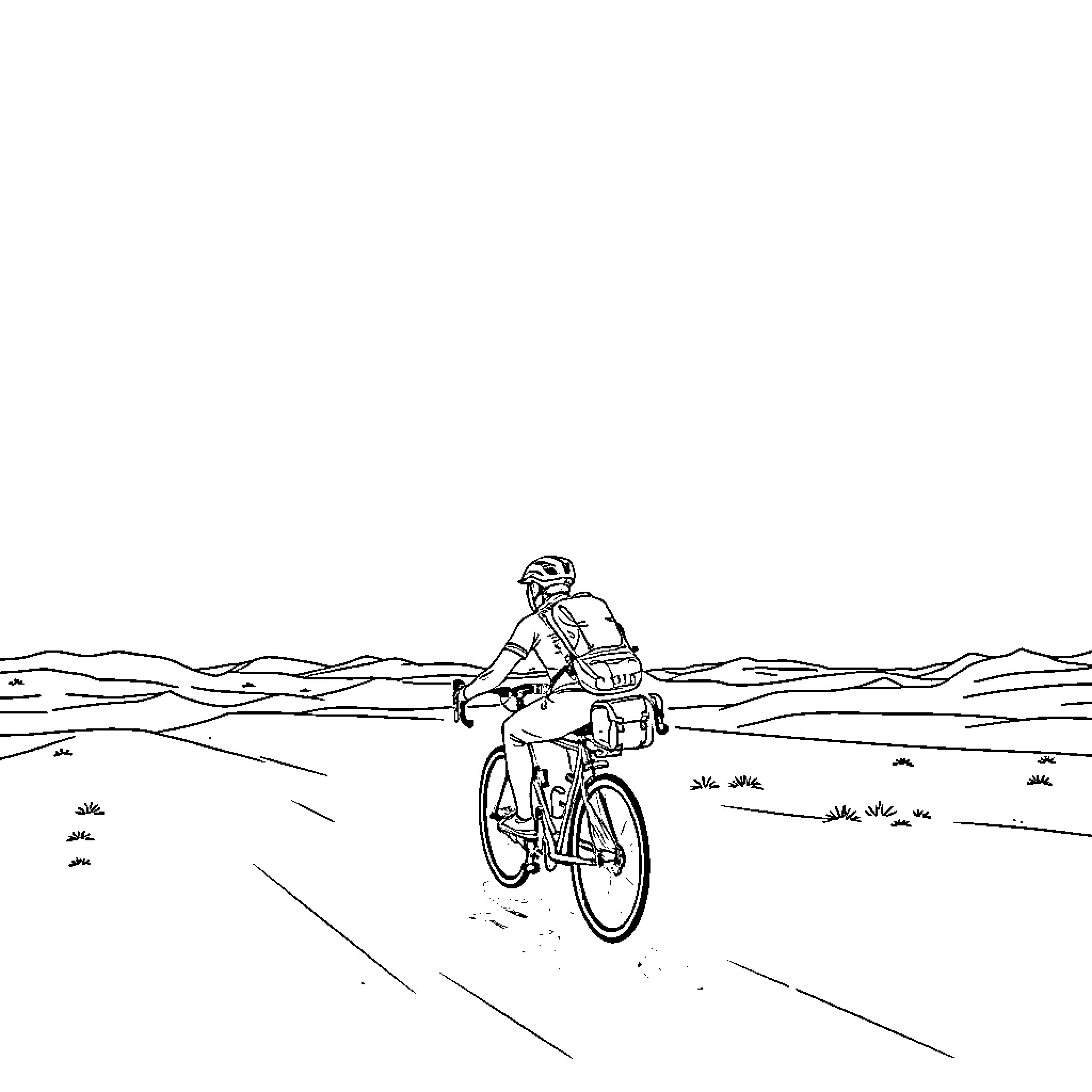 Bikepacker riding solo through the desert landscape Coloring Page (free black-and-white line drawing printable PDF for all, from beginners to advanced learners, including children, teens, adults, and seniors)
