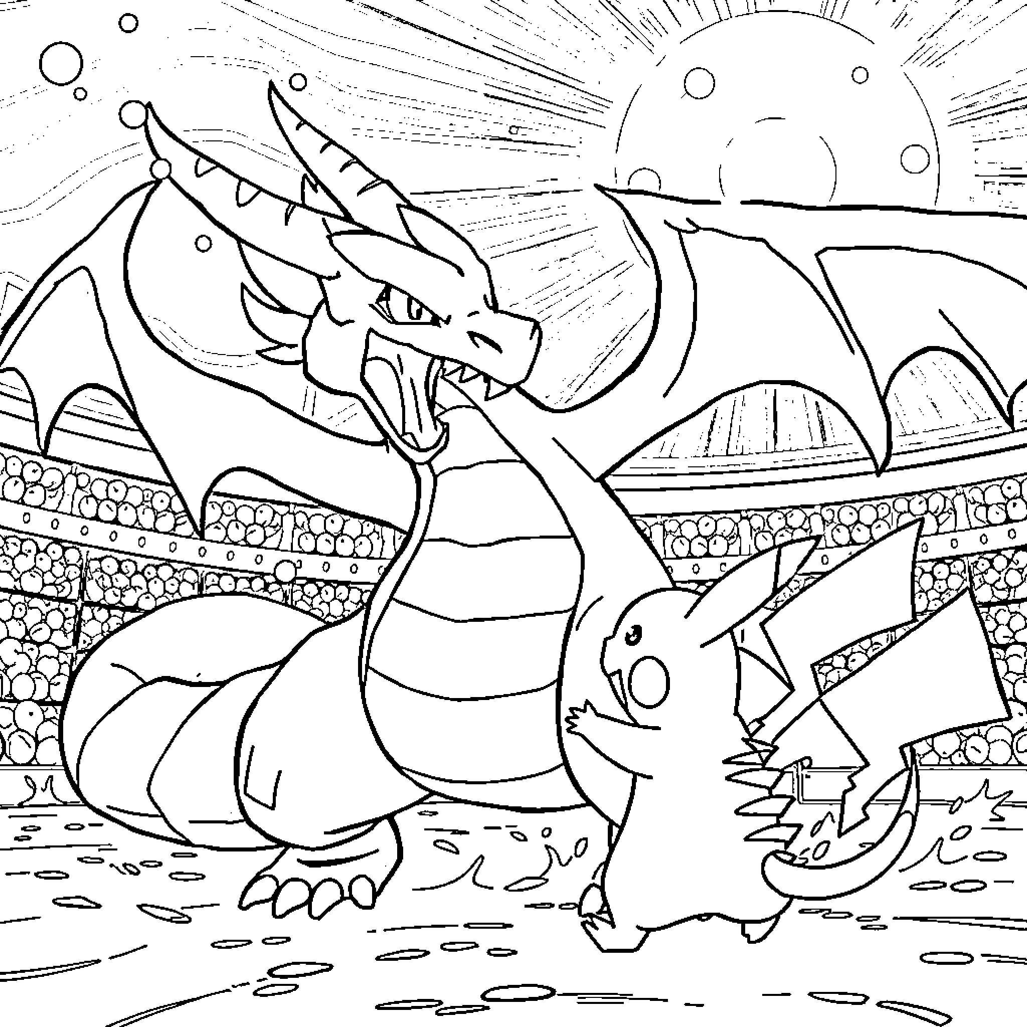 Dragonite battling alongside Pikachu in a mystical landscape Coloring Page (free black-and-white line drawing printable PDF for all, from beginners to advanced learners, including children, teens, adults, and seniors)
