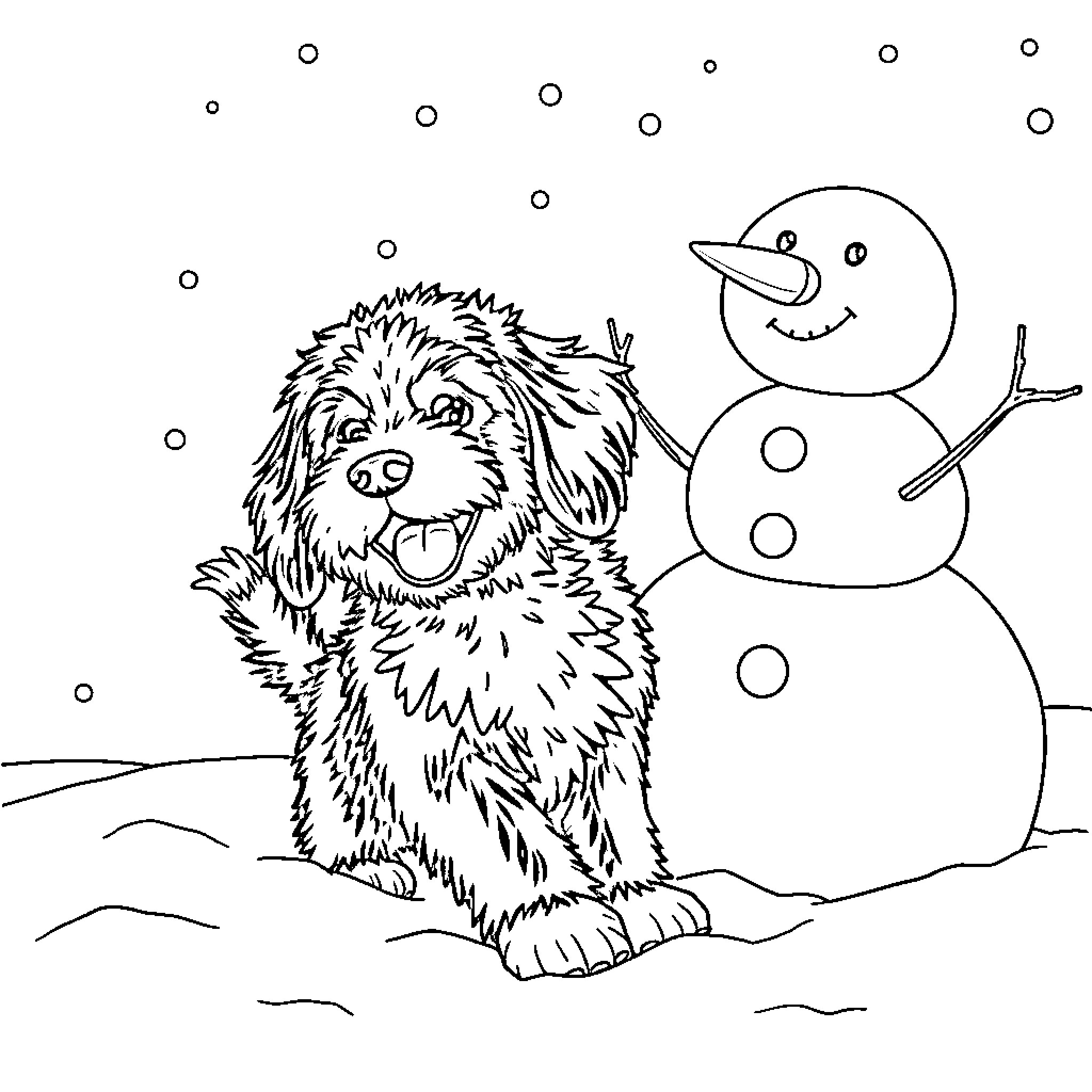 Bernedoodle playing in the snowy winter wonderland Coloring Page (free black-and-white line drawing printable PDF for all, from beginners to advanced learners, including children, teens, adults, and seniors)