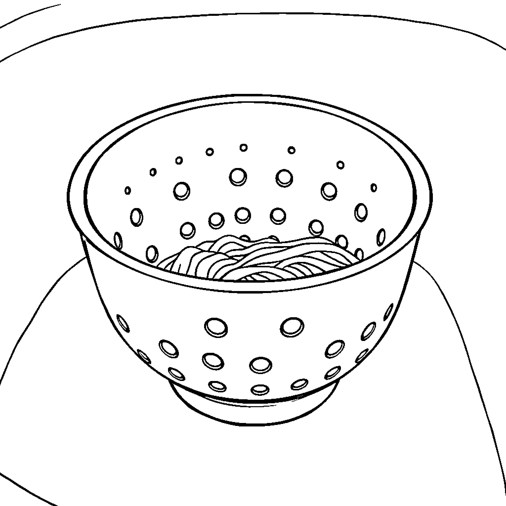 Colander filled with spaghetti noodles Coloring Page (free black-and-white line drawing printable PDF for all, from beginners to advanced learners, including children, teens, adults, and seniors)