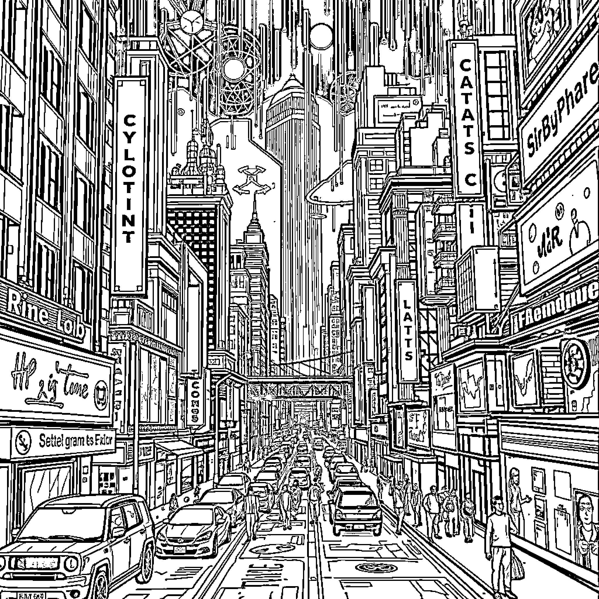 Cyberpunk City Hustle: Illuminated Metropolis Coloring Page (free black-and-white line drawing printable PDF for all, from beginners to advanced learners, including children, teens, adults, and seniors)