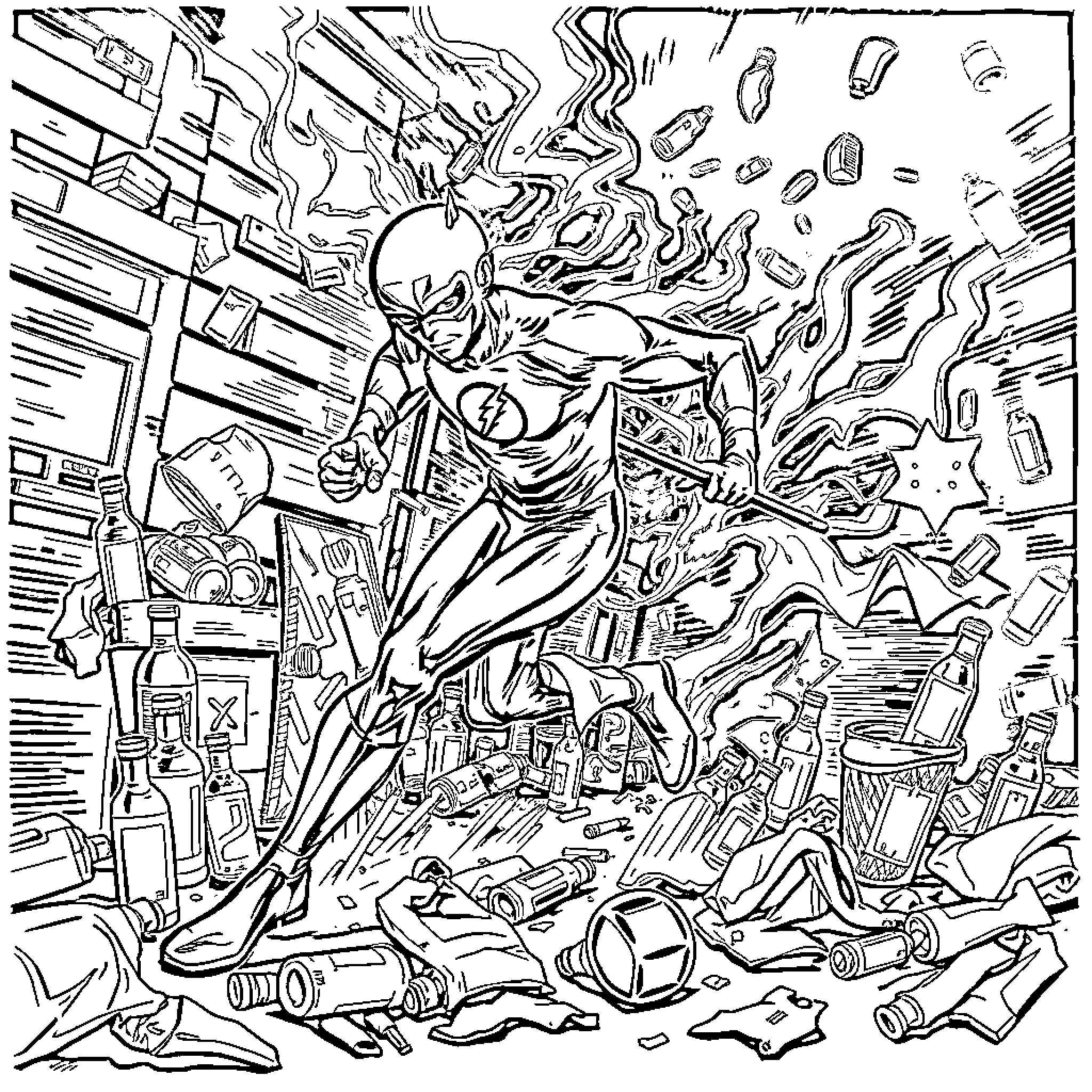 The Flash racing through destruction and chaos Coloring Page (free black-and-white line drawing printable PDF for all, from beginners to advanced learners, including children, teens, adults, and seniors)