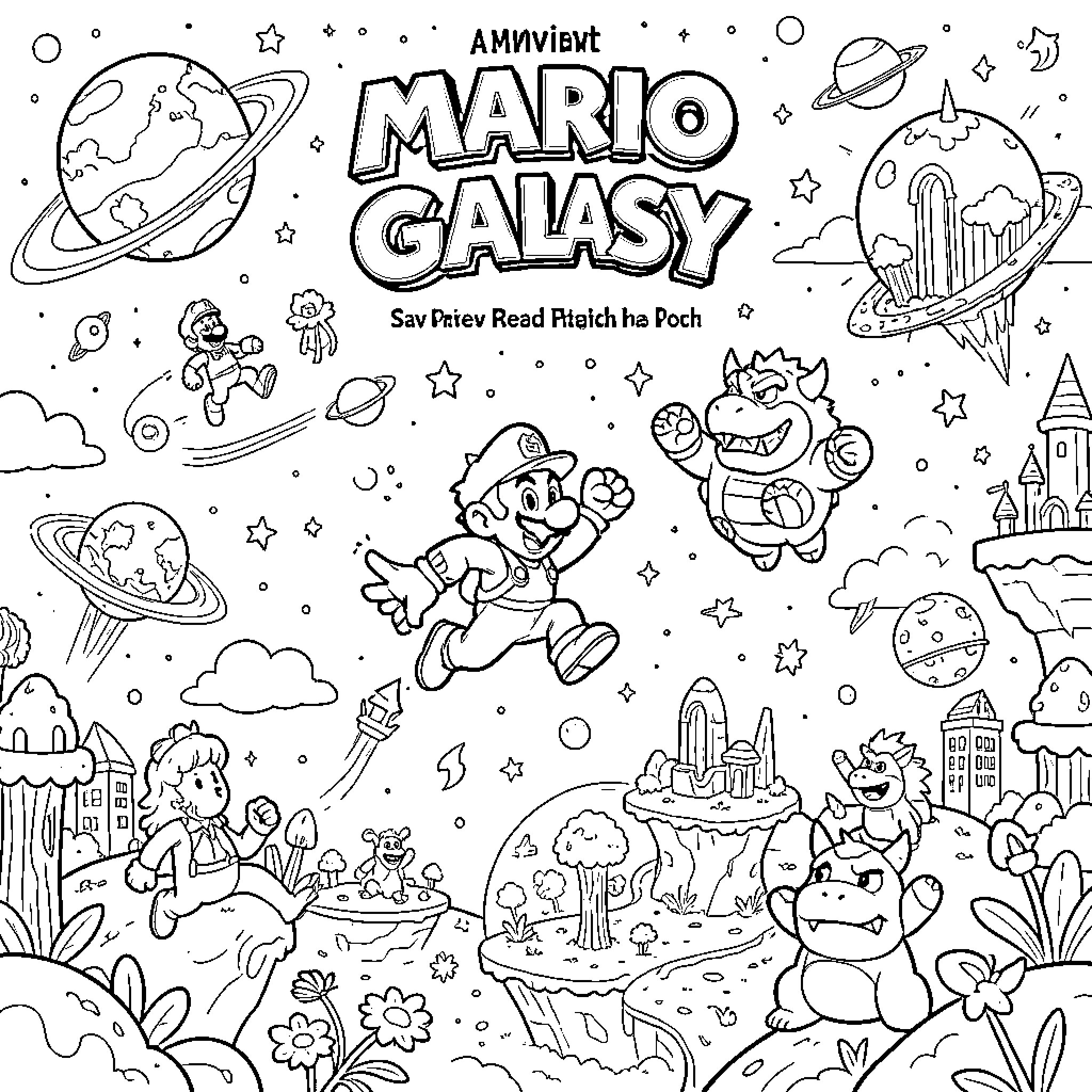 Mario and friends adventuring through outer space Coloring Page (free black-and-white line drawing printable PDF for all, from beginners to advanced learners, including children, teens, adults, and seniors)