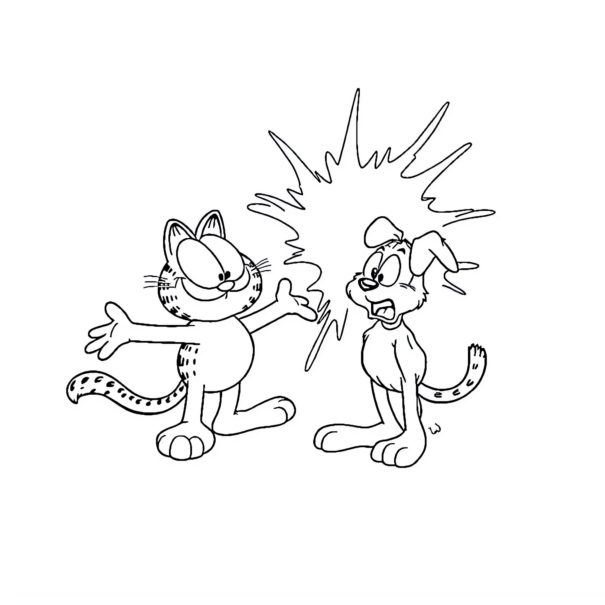 Garfield and dog engaged in comical antics Coloring Page (free black-and-white line drawing printable PDF for all, from beginners to advanced learners, including children, teens, adults, and seniors)