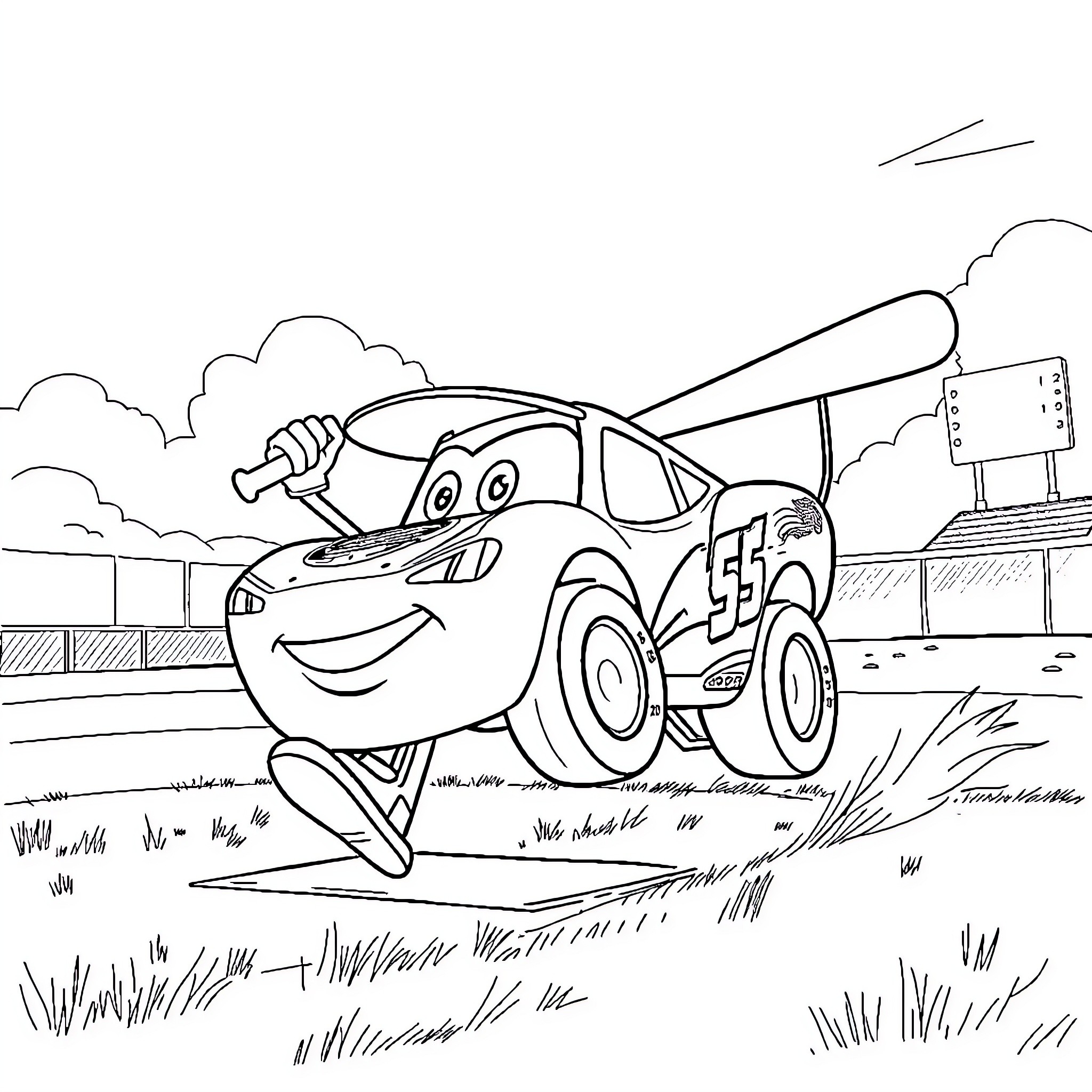 McQueen's Lively Race on the Countryside Track Coloring Page (free black-and-white line drawing printable PDF for all, from beginners to advanced learners, including children, teens, adults, and seniors)