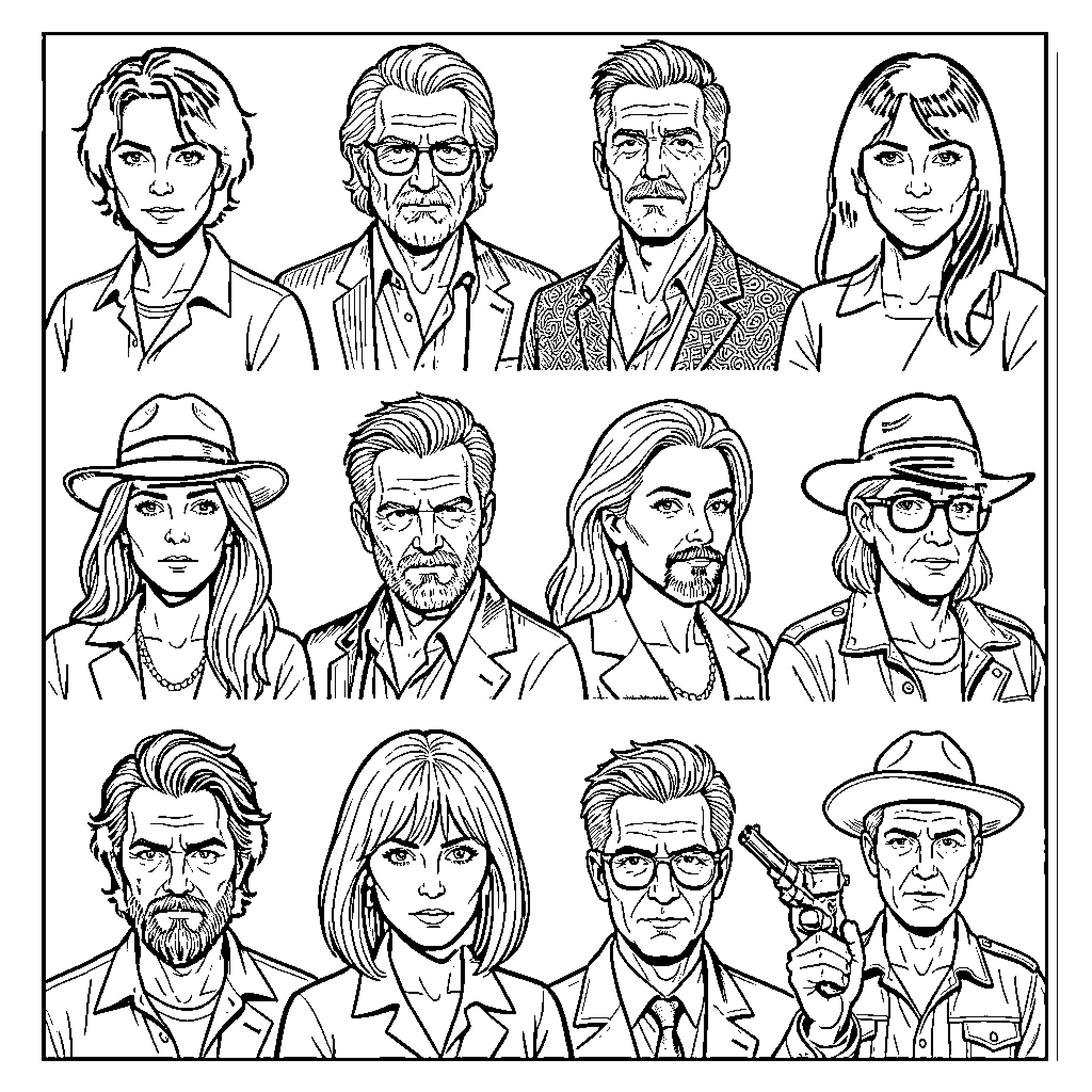 Character portraits featuring diverse individuals in various outfits and expressions Coloring Page (free black-and-white line drawing printable PDF for all, from beginners to advanced learners, including children, teens, adults, and seniors)