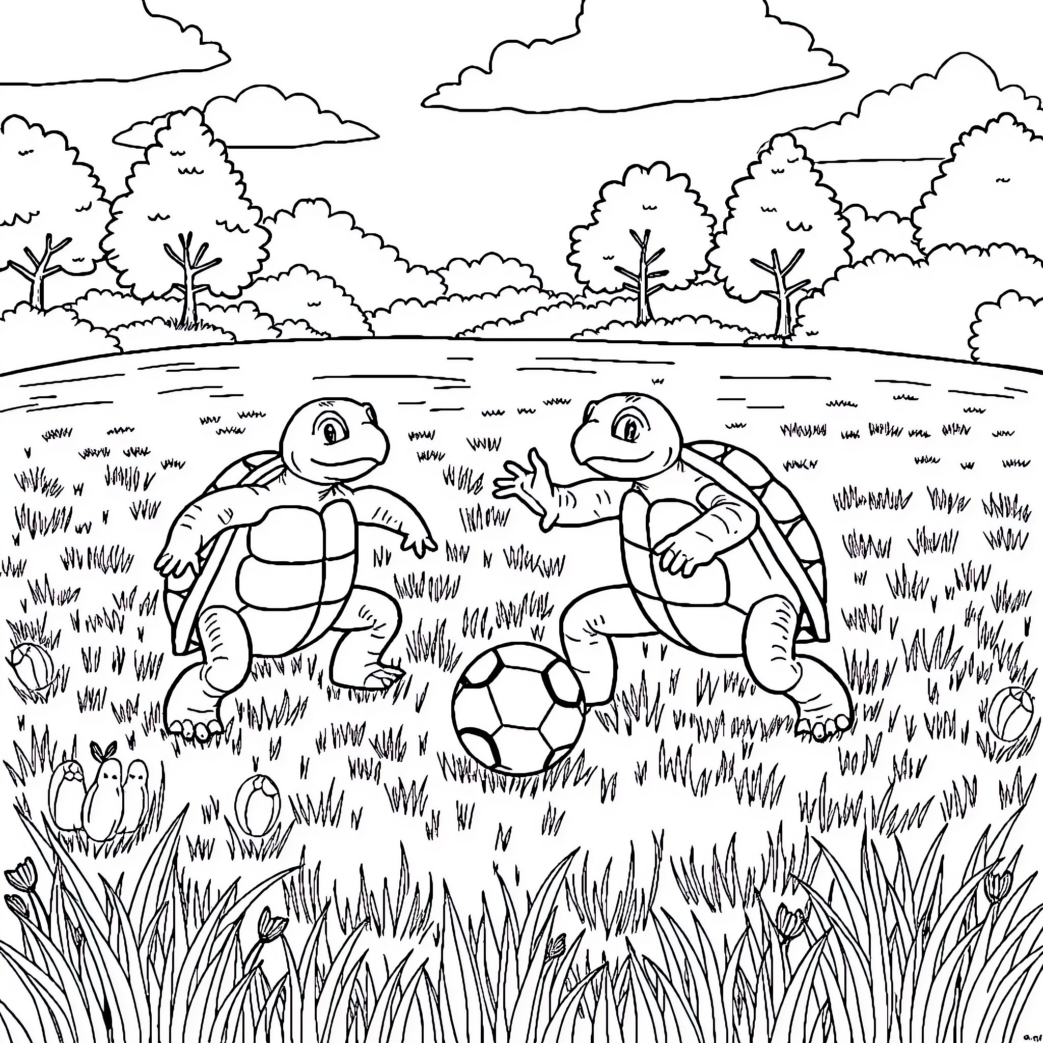 Turtle friends playing with soccer ball in the meadow Coloring Page (free black-and-white line drawing printable PDF for all, from beginners to advanced learners, including children, teens, adults, and seniors)