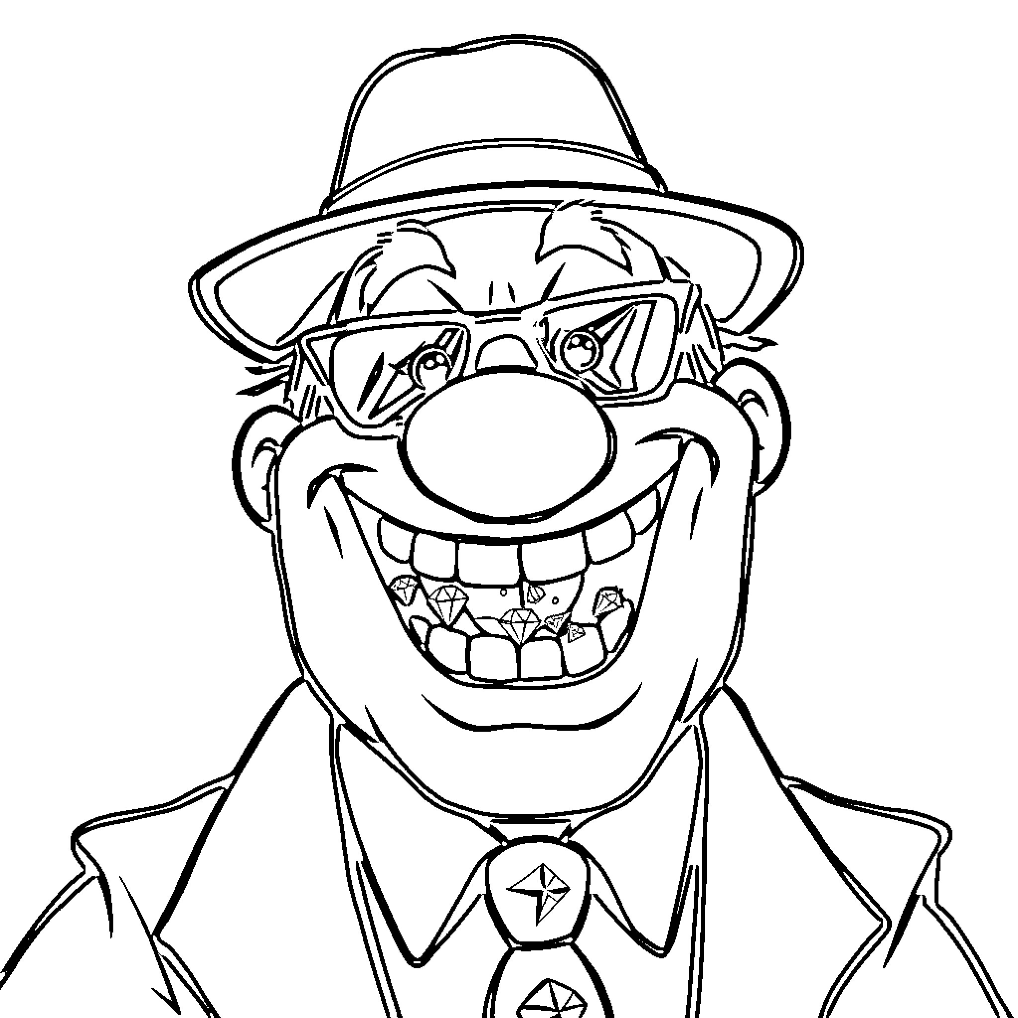 Fred Flintstone as an animated clown with a silly expression Coloring Page (free black-and-white line drawing printable PDF for all, from beginners to advanced learners, including children, teens, adults, and seniors)