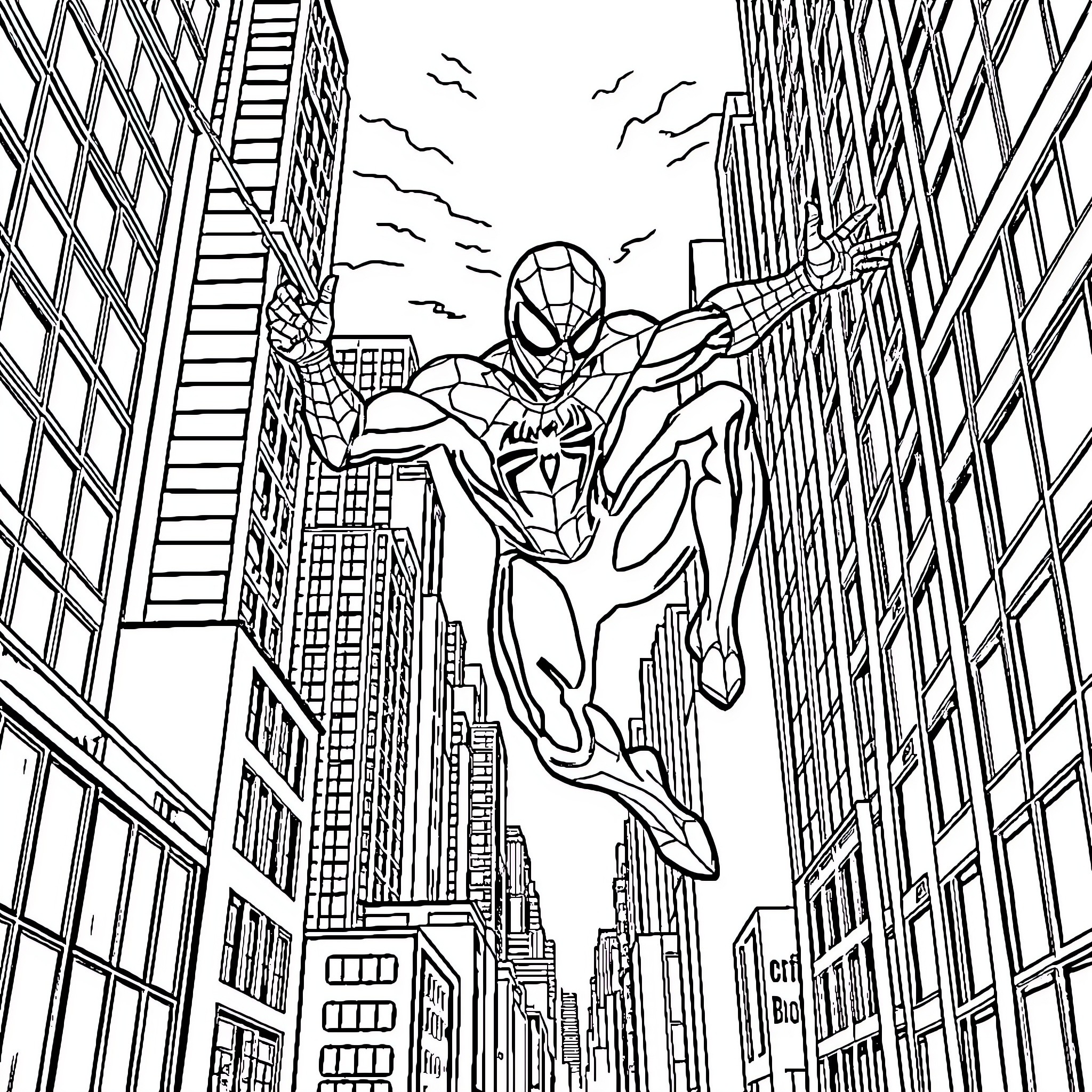 Spiderman swinging through the city skyline Coloring Page (free black-and-white line drawing printable PDF for all, from beginners to advanced learners, including children, teens, adults, and seniors)