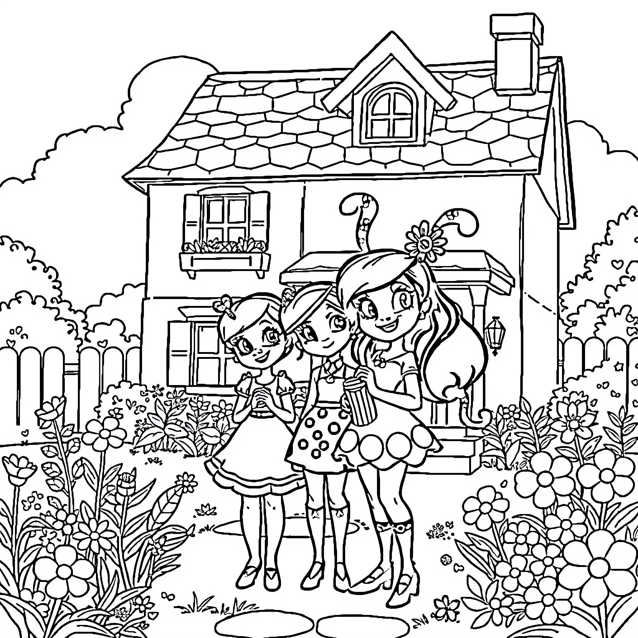 Marinette spending a lovely day with her friends in the garden Coloring Page (free black-and-white line drawing printable PDF for all, from beginners to advanced learners, including children, teens, adults, and seniors)