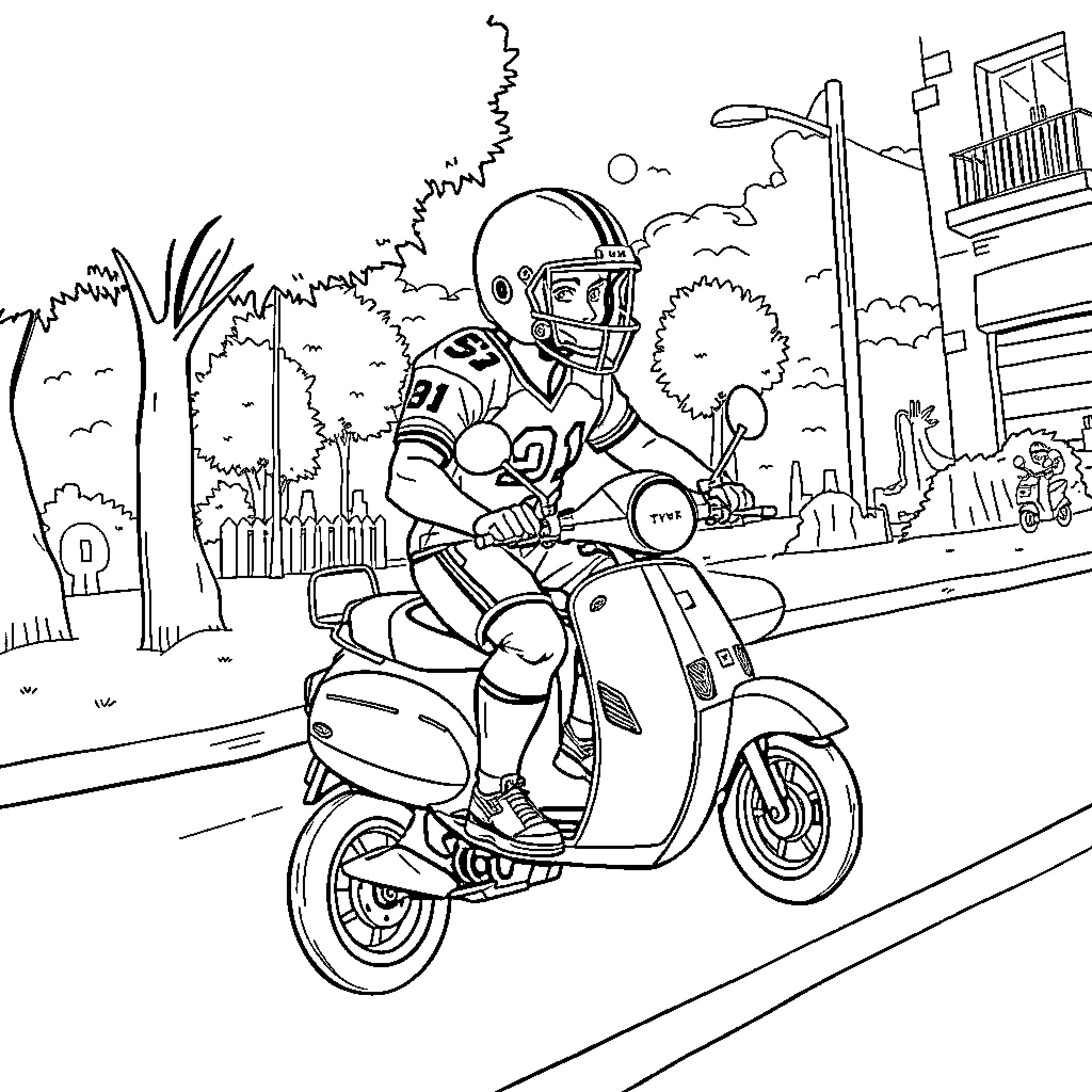 Hand riding scooter on city street Coloring Page (free black-and-white line drawing printable PDF for all, from beginners to advanced learners, including children, teens, adults, and seniors)