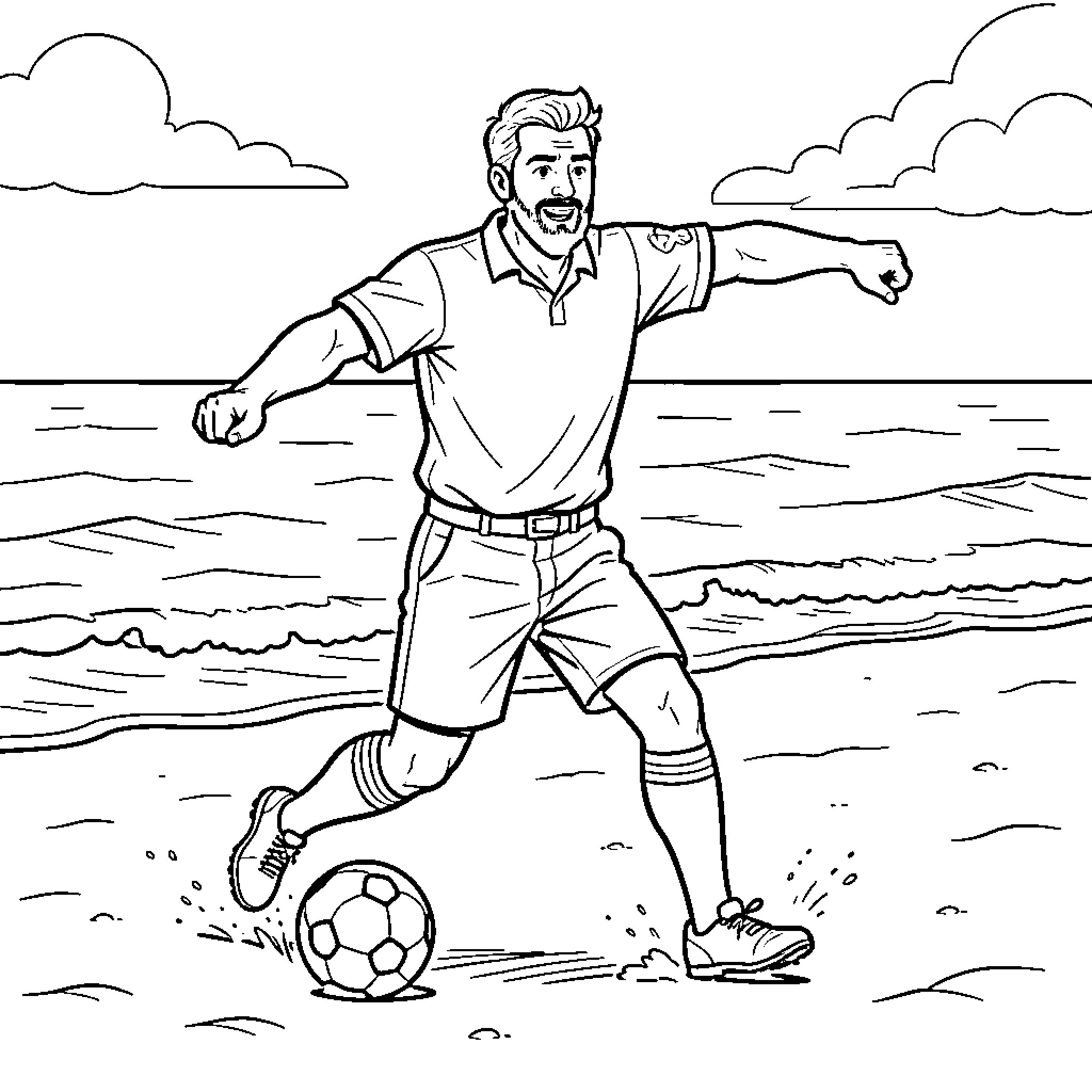 Barman playing soccer on the beach Coloring Page (free black-and-white line drawing printable PDF for all, from beginners to advanced learners, including children, teens, adults, and seniors)