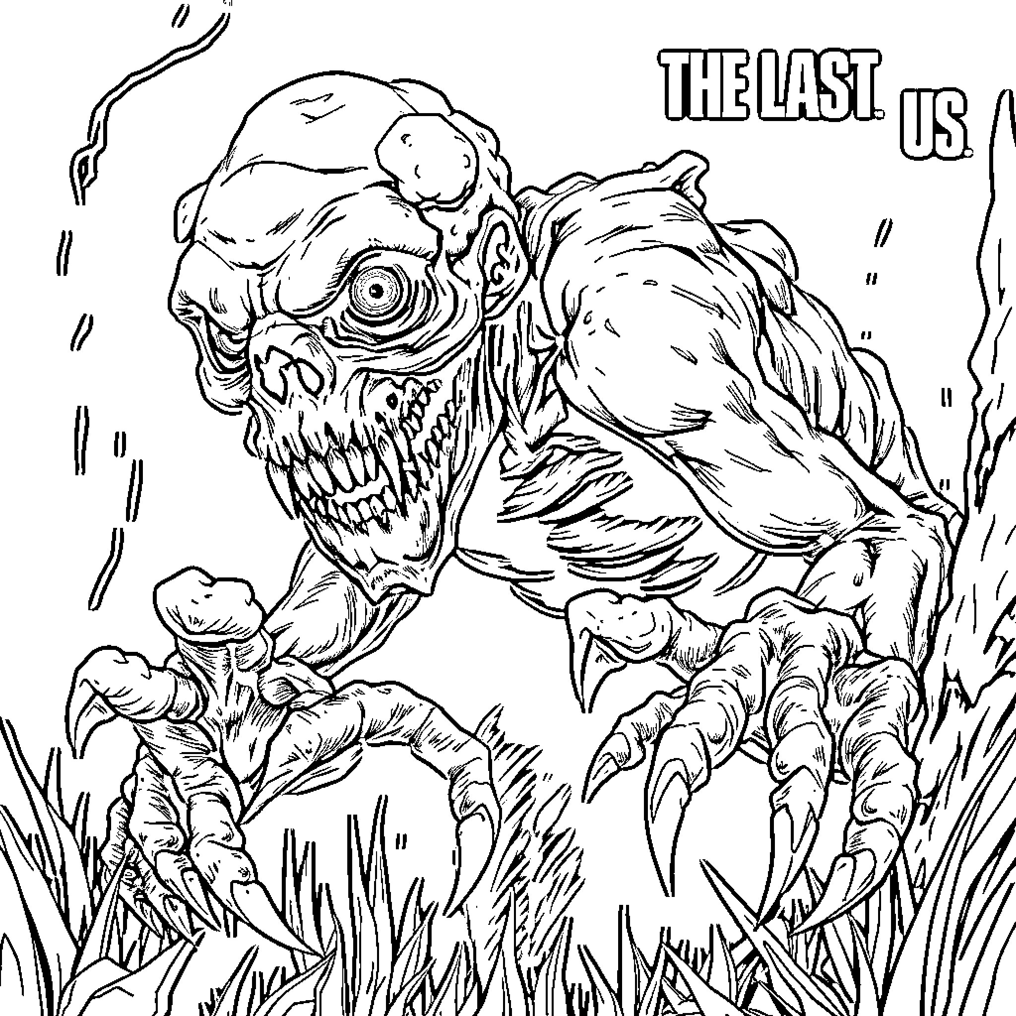 Clicker's Terrifying Encounter with Monstrous Creatures Coloring Page (free black-and-white line drawing printable PDF for all, from beginners to advanced learners, including children, teens, adults, and seniors)