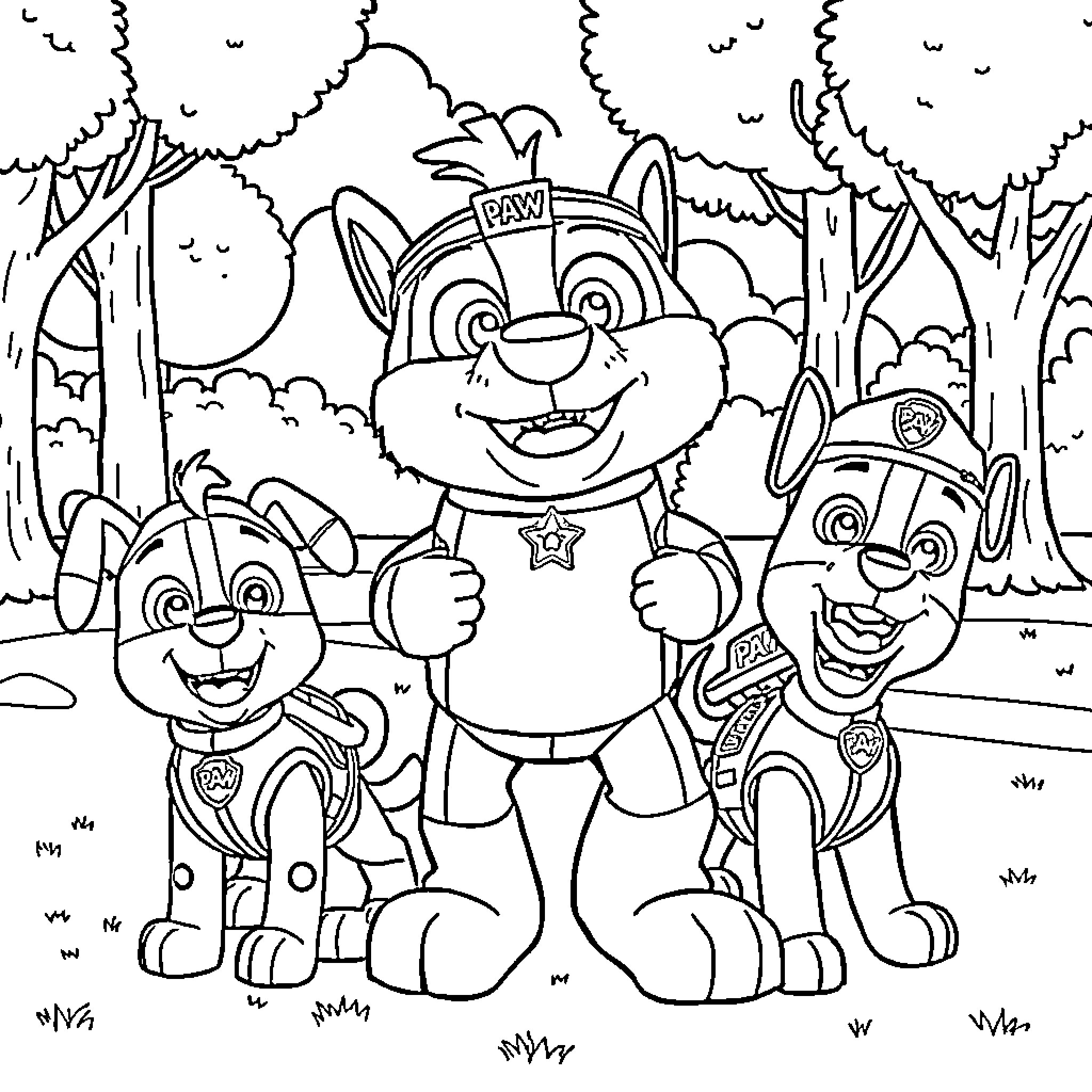 Blitz and Paw Patrol Pups Explore the Forest Coloring Page (free black-and-white line drawing printable PDF for all, from beginners to advanced learners, including children, teens, adults, and seniors)