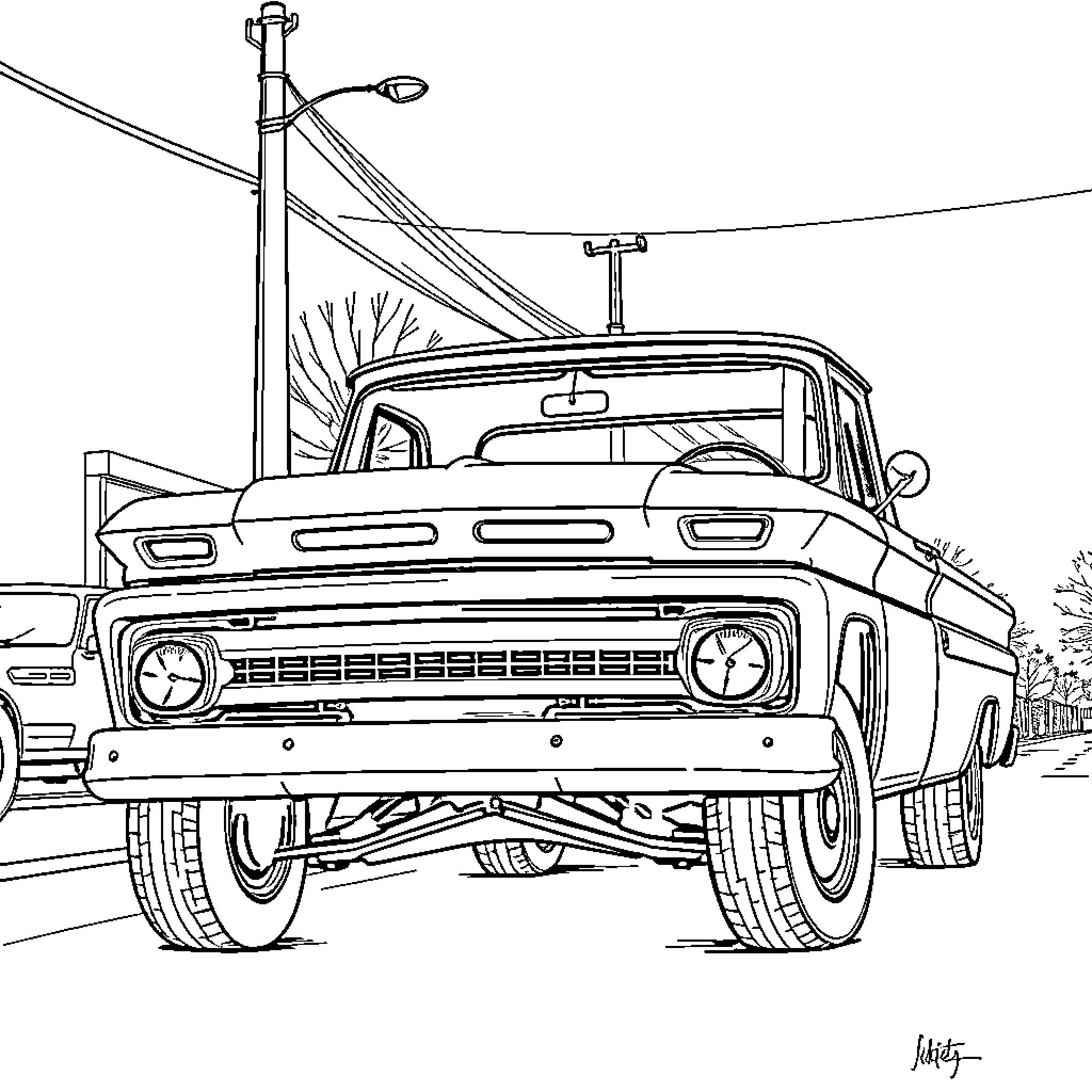 C10 Vintage Pickup Truck in Detailed Sketch Coloring Page (free black-and-white line drawing printable PDF for all, from beginners to advanced learners, including children, teens, adults, and seniors)