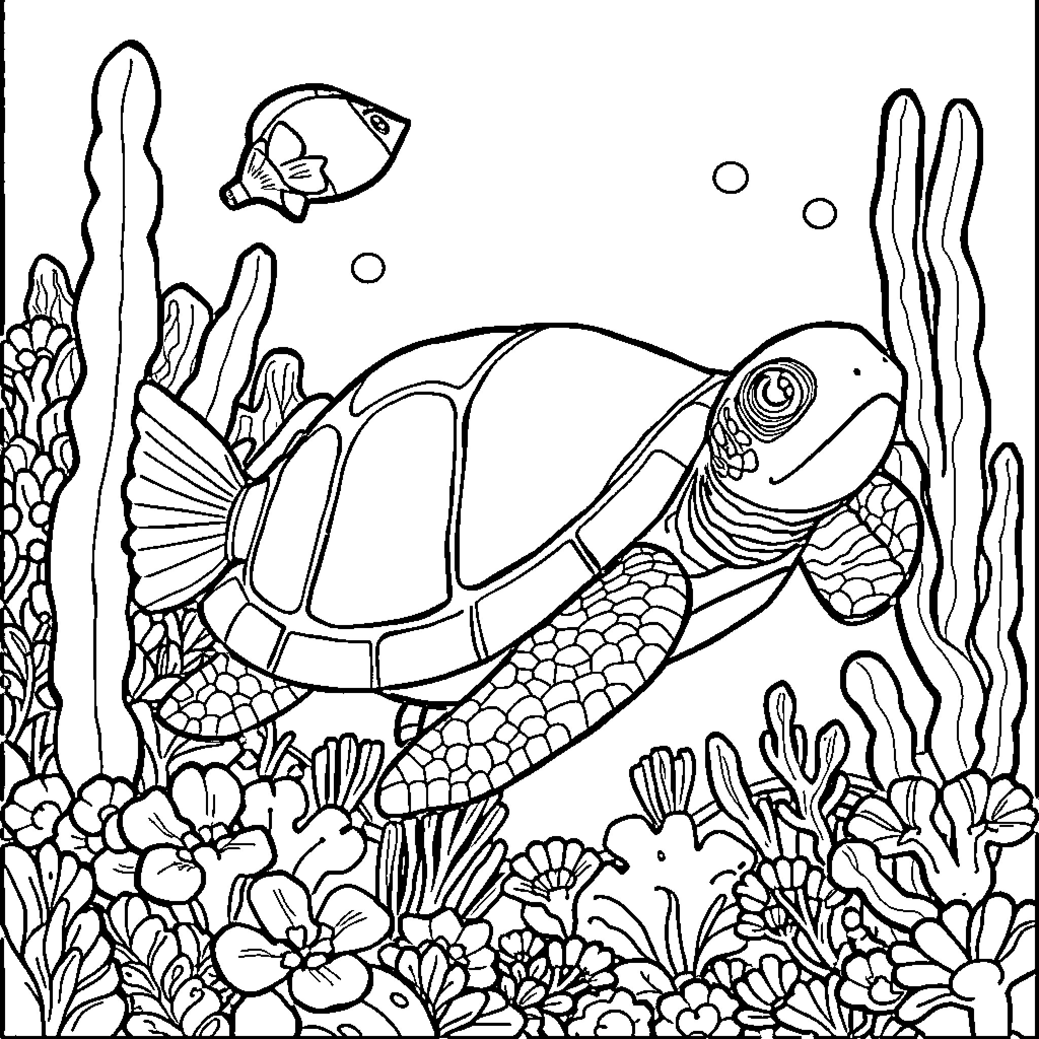 Narwhal and other marine creatures in an underwater garden Coloring Page (free black-and-white line drawing printable PDF for all, from beginners to advanced learners, including children, teens, adults, and seniors)