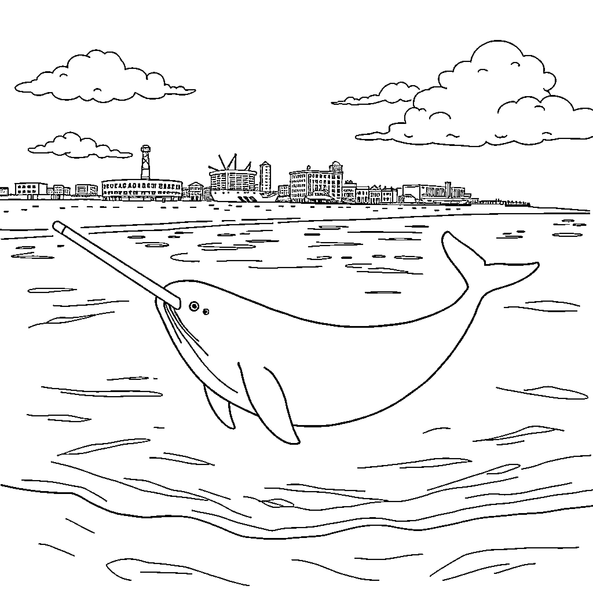 Narwhal swimming in the city harbor Coloring Page (free black-and-white line drawing printable PDF for all, from beginners to advanced learners, including children, teens, adults, and seniors)