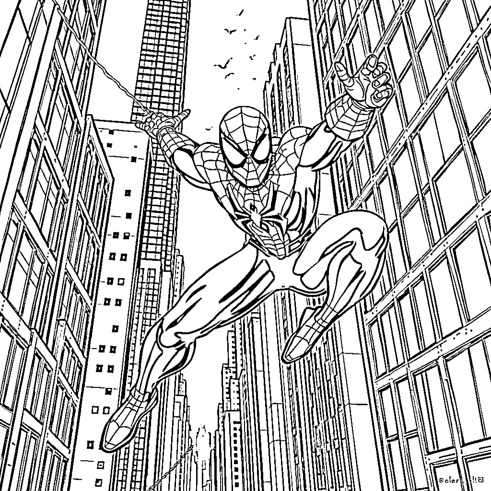 Spiderman swinging through the city skyline Coloring Page (free black-and-white line drawing printable PDF for all, from beginners to advanced learners, including children, teens, adults, and seniors)