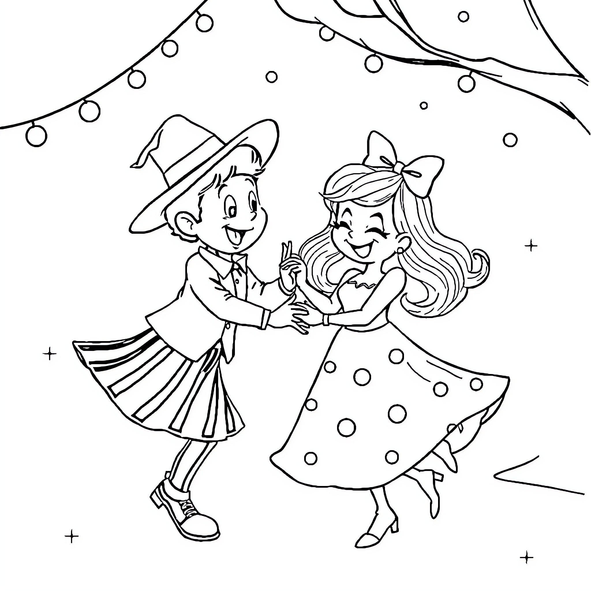 Bécassine and friend dancing at a festival Coloring Page (free black-and-white line drawing printable PDF for all, from beginners to advanced learners, including children, teens, adults, and seniors)