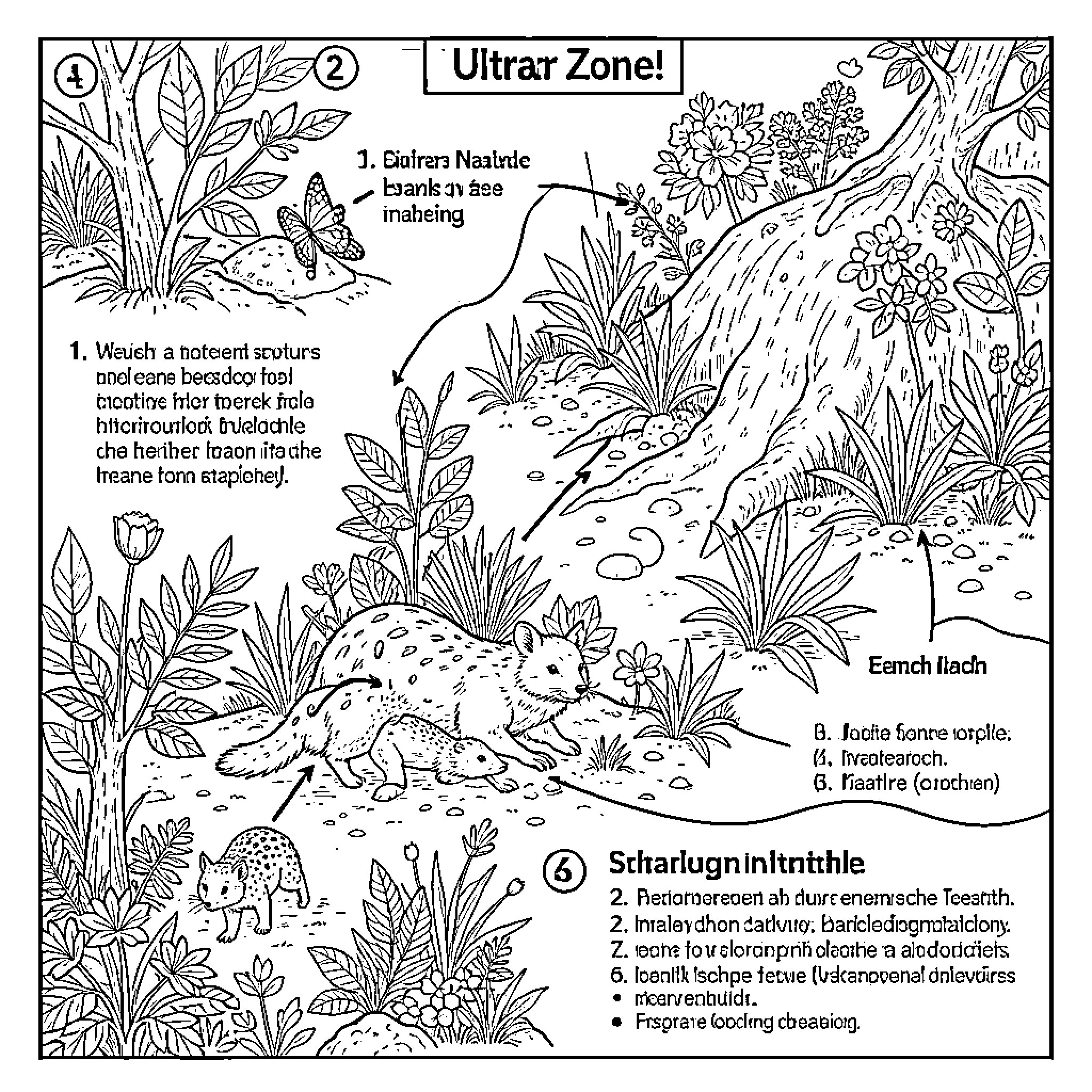 Nature scene with animals roaming through lush plants Coloring Page (free black-and-white line drawing printable PDF for all, from beginners to advanced learners, including children, teens, adults, and seniors)