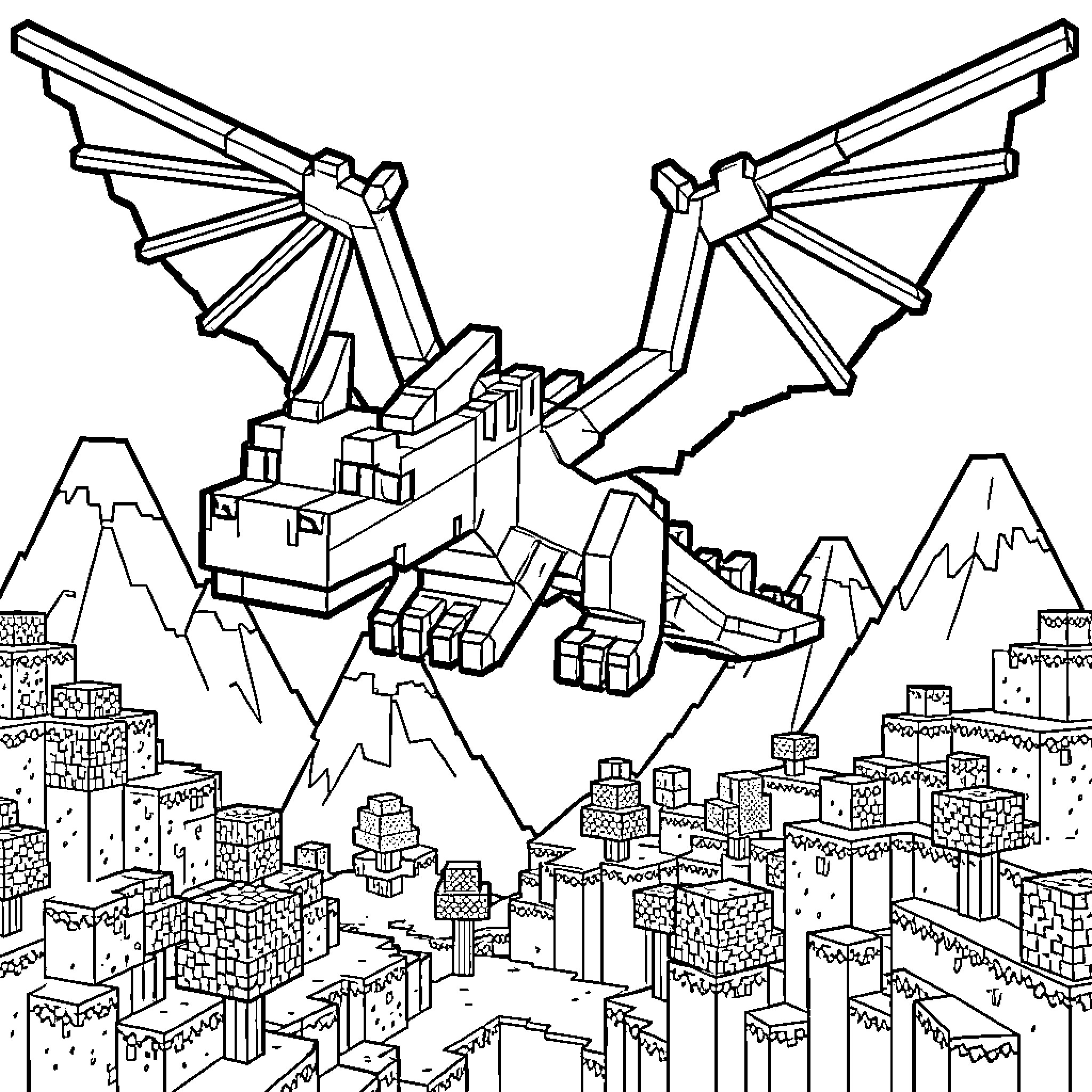 Dragon soaring majestically over a blocky mountain landscape Coloring Page (free black-and-white line drawing printable PDF for all, from beginners to advanced learners, including children, teens, adults, and seniors)
