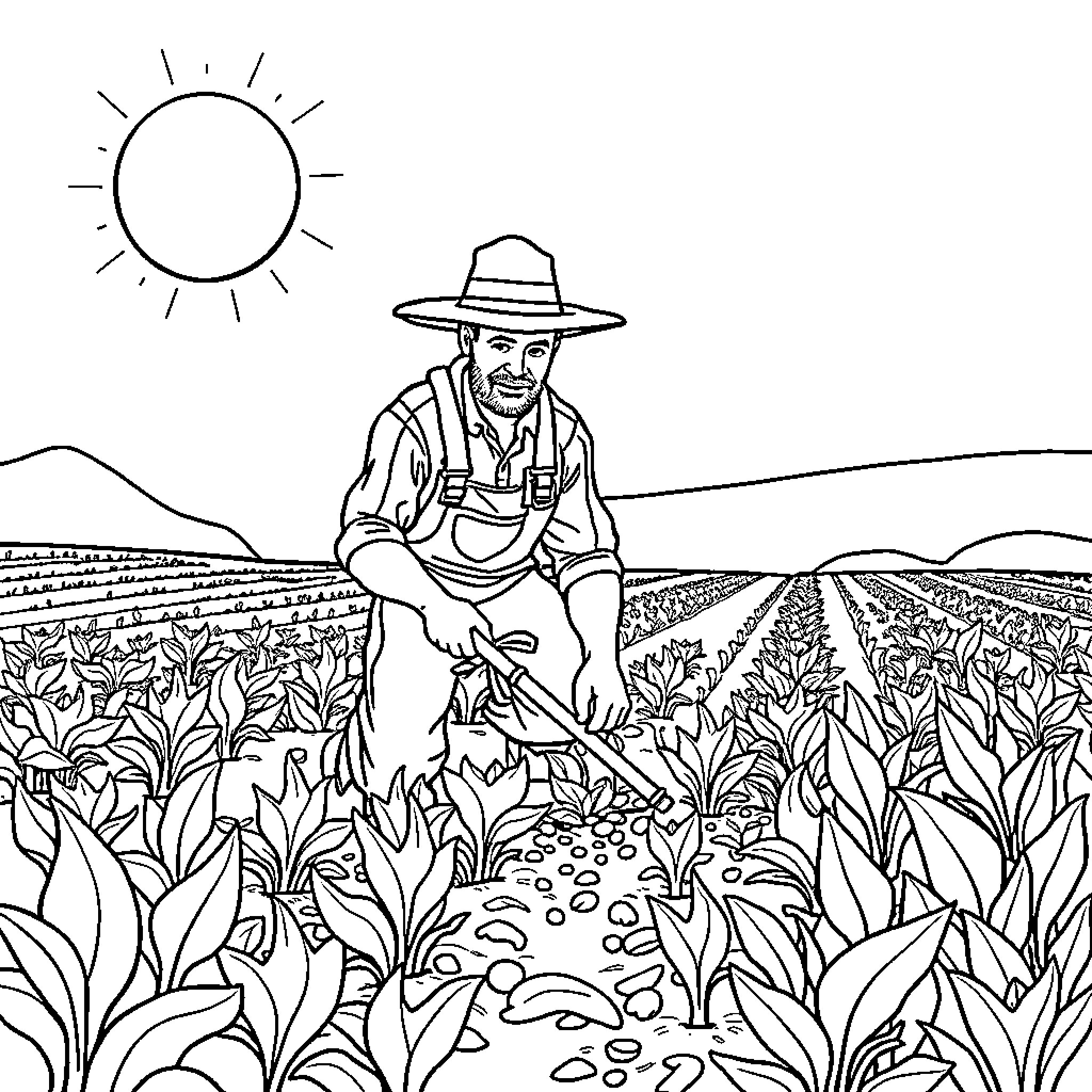 Farmer tending to crops in the field Coloring Page (free black-and-white line drawing printable PDF for all, from beginners to advanced learners, including children, teens, adults, and seniors)