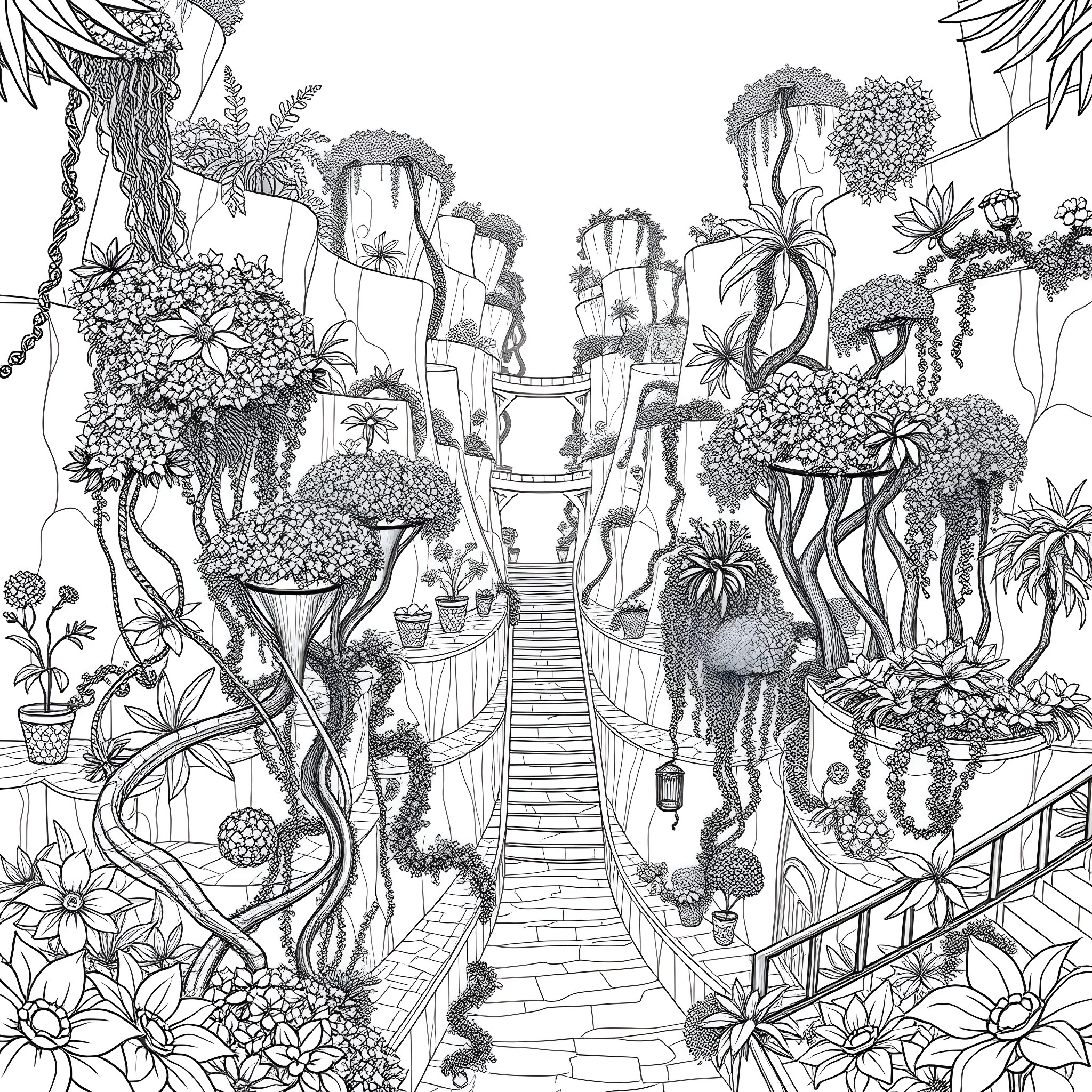 Garden Wonderland with Whimsical Pathways and Fantastical Flora Coloring Page (free black-and-white line drawing printable PDF for all, from beginners to advanced learners, including children, teens, adults, and seniors)