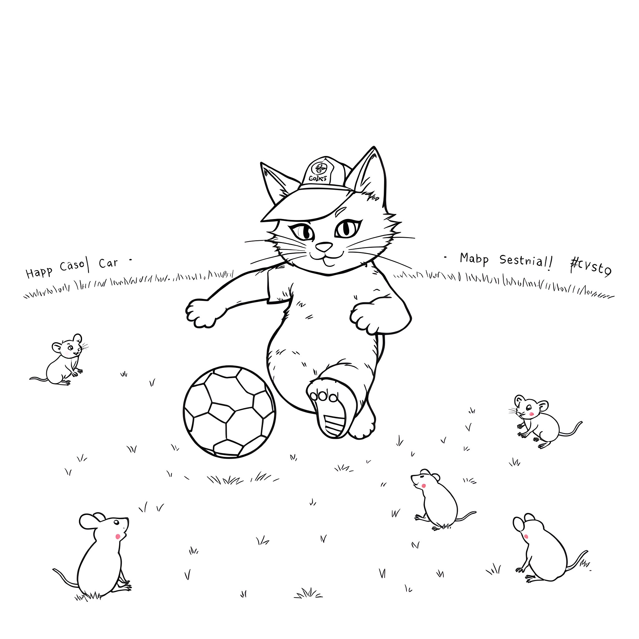 Cat playing with soccer ball and rodents Coloring Page (free black-and-white line drawing printable PDF for all, from beginners to advanced learners, including children, teens, adults, and seniors)
