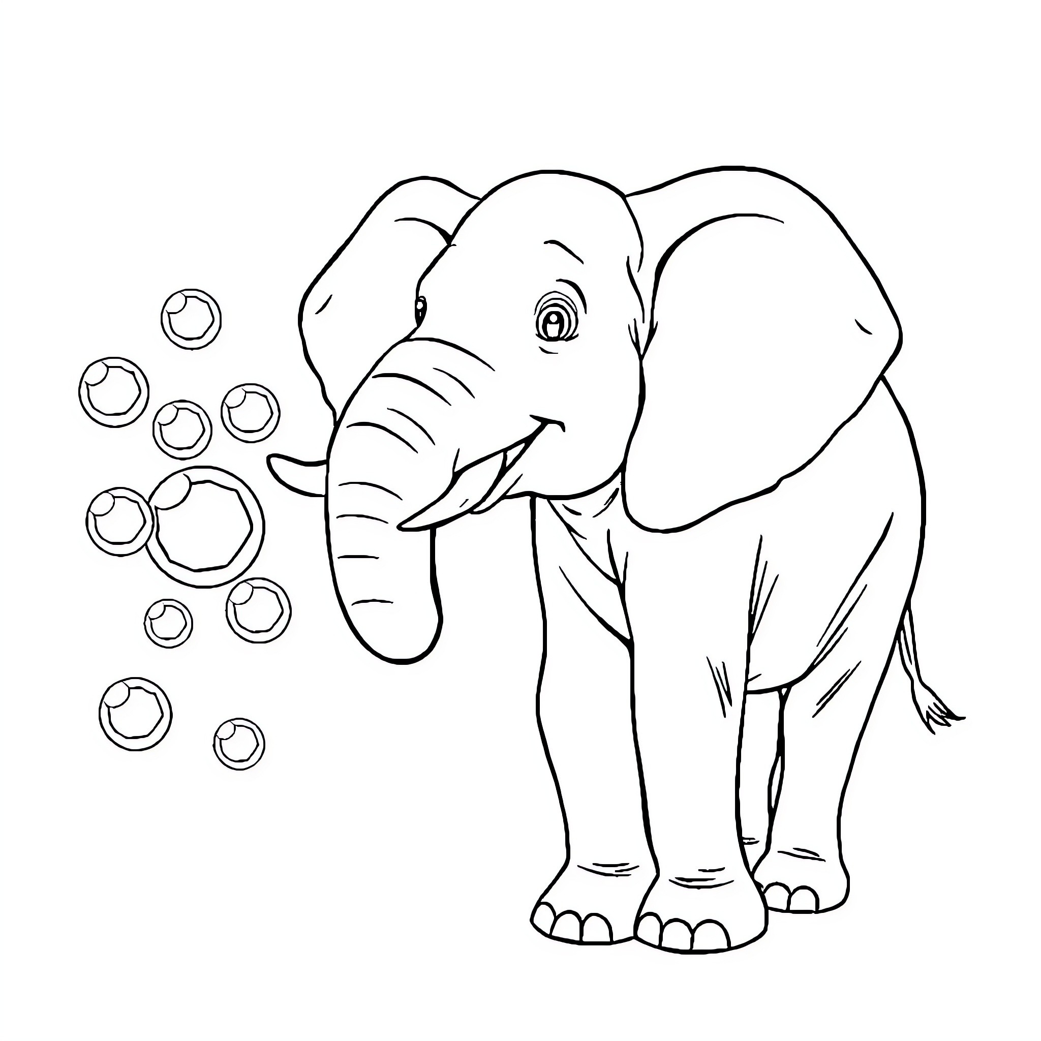 Elephant playing with bubbles Coloring Page (free black-and-white line drawing printable PDF for all, from beginners to advanced learners, including children, teens, adults, and seniors)