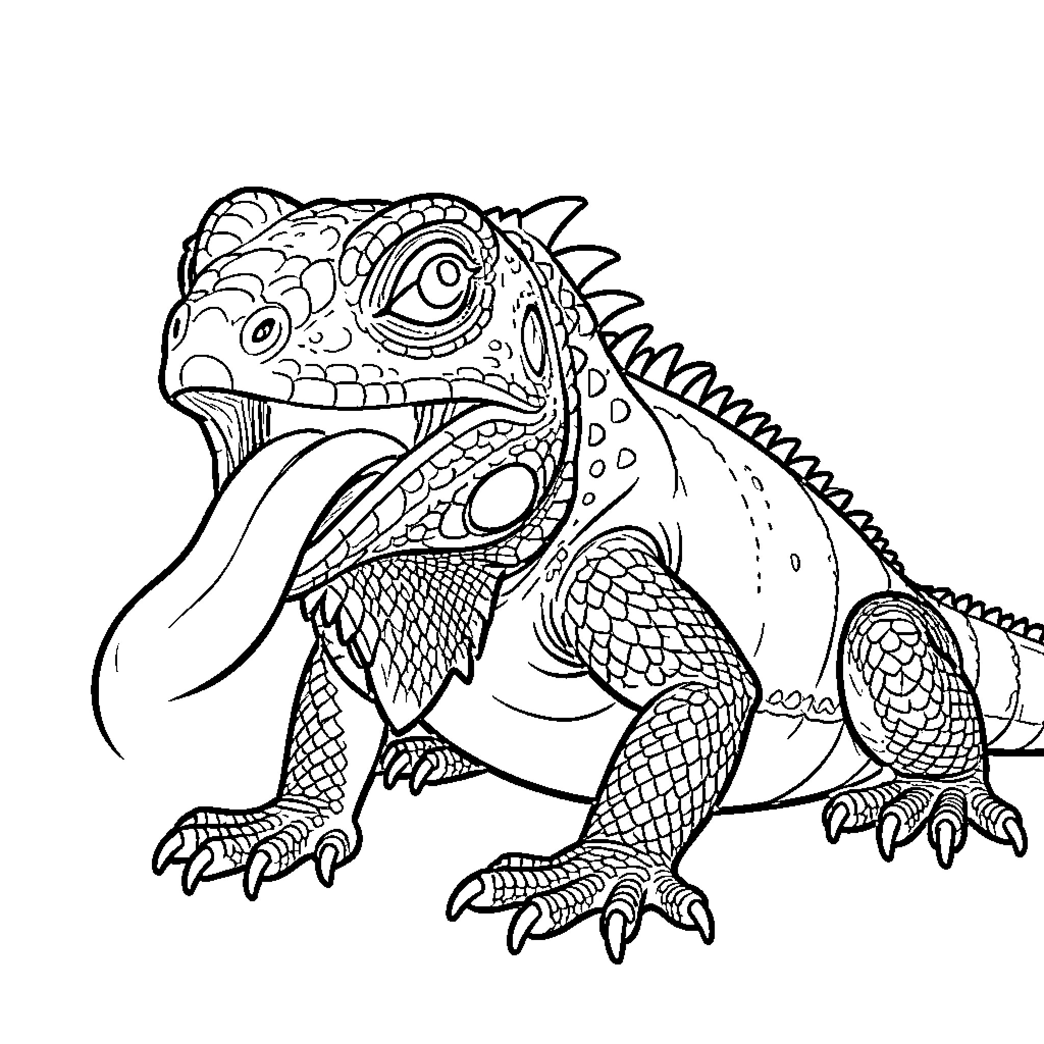 Iguana sticking its long tongue out Coloring Page (free black-and-white line drawing printable PDF for all, from beginners to advanced learners, including children, teens, adults, and seniors)