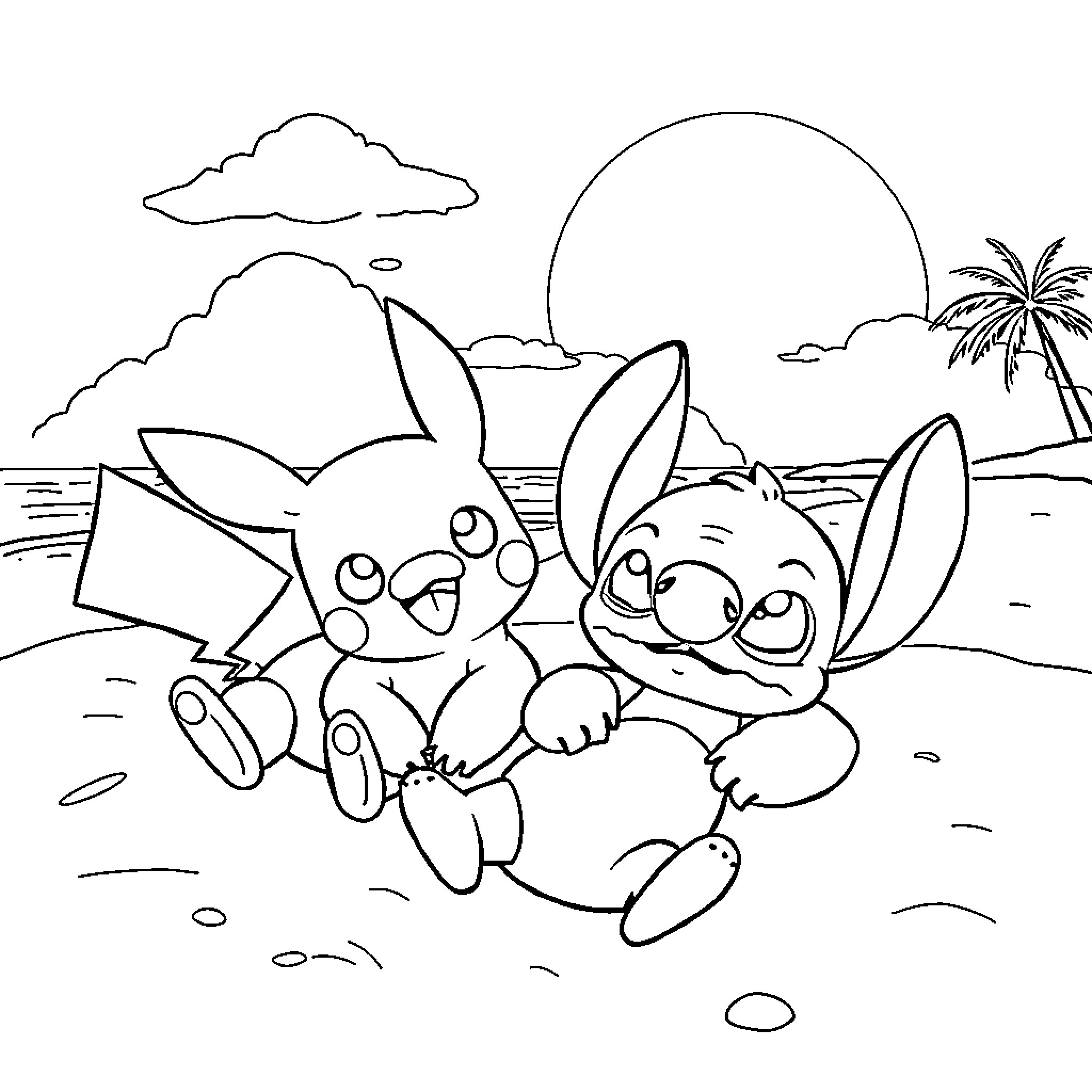 Pikachu and Stitch relaxing together on a sunny beach Coloring Page (free black-and-white line drawing printable PDF for all, from beginners to advanced learners, including children, teens, adults, and seniors)