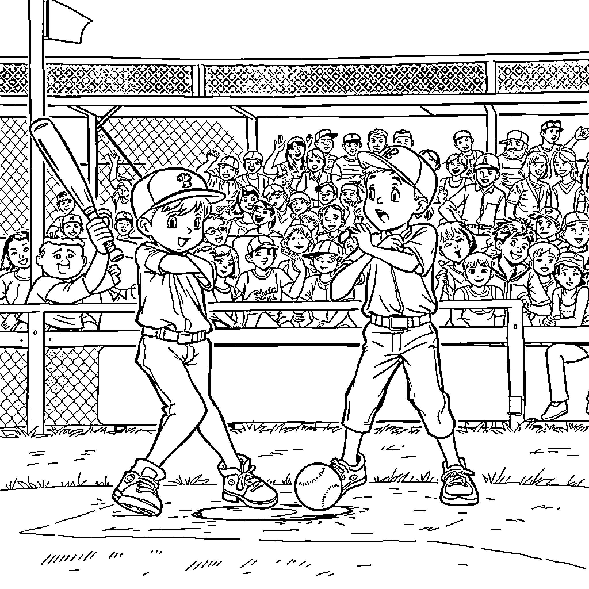 Boy baseball players in a lively stadium game Coloring Page (free black-and-white line drawing printable PDF for all, from beginners to advanced learners, including children, teens, adults, and seniors)