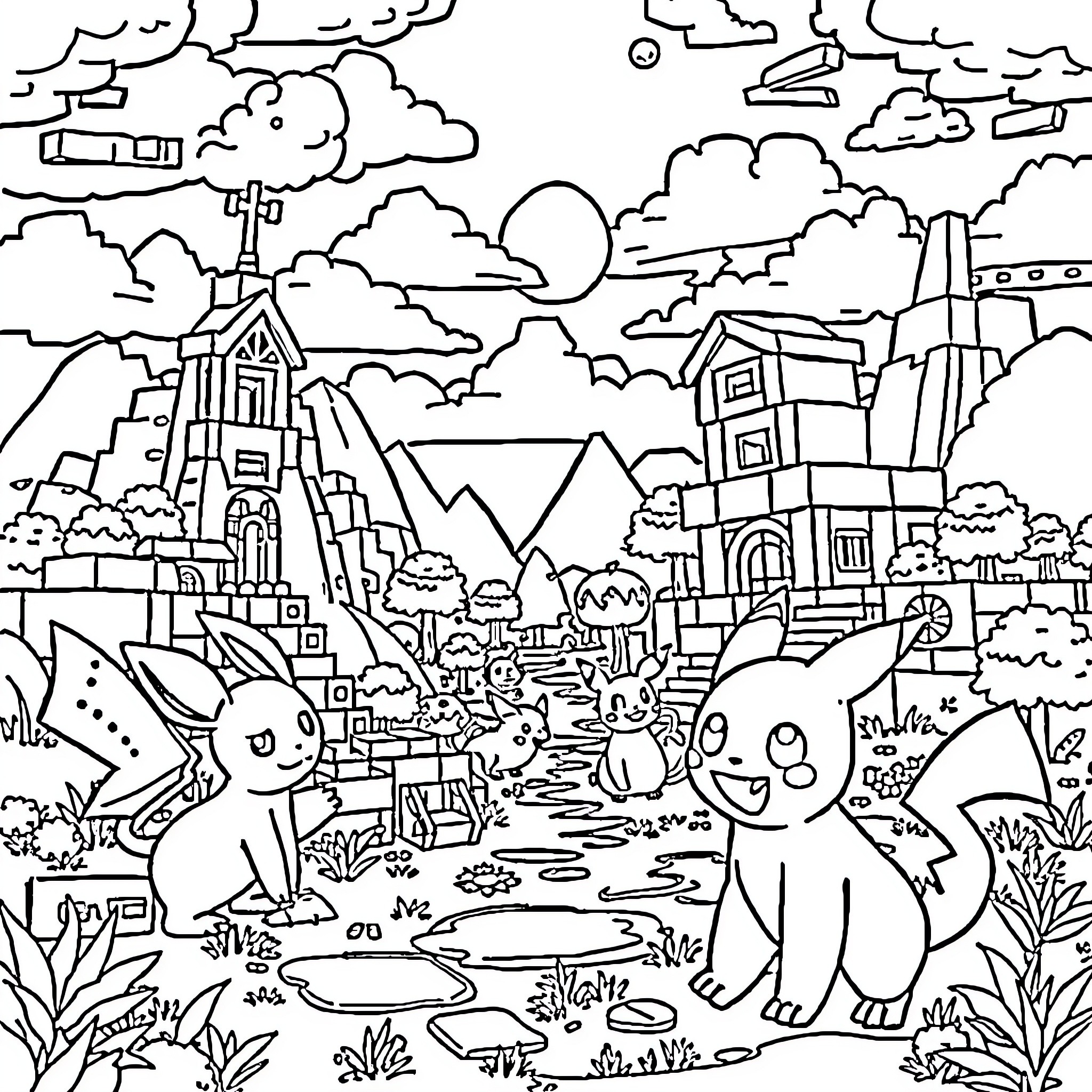 Minecraft Pokemon Creatures Exploring Fantastical Landscape Coloring Page (free black-and-white line drawing printable PDF for all, from beginners to advanced learners, including children, teens, adults, and seniors)