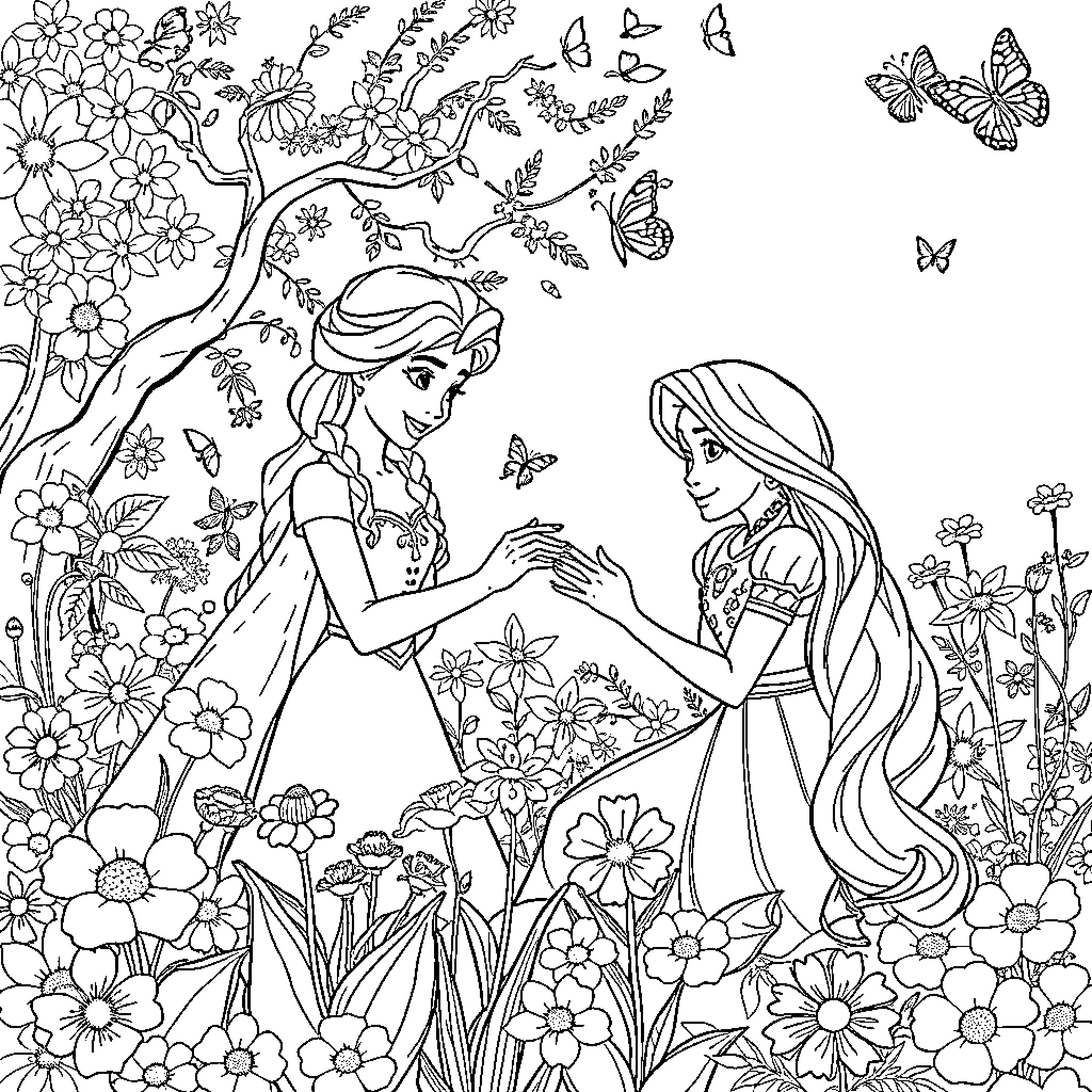 Elsa and Anna's Enchanted Floral Adventure Coloring Page (free black-and-white line drawing printable PDF for all, from beginners to advanced learners, including children, teens, adults, and seniors)