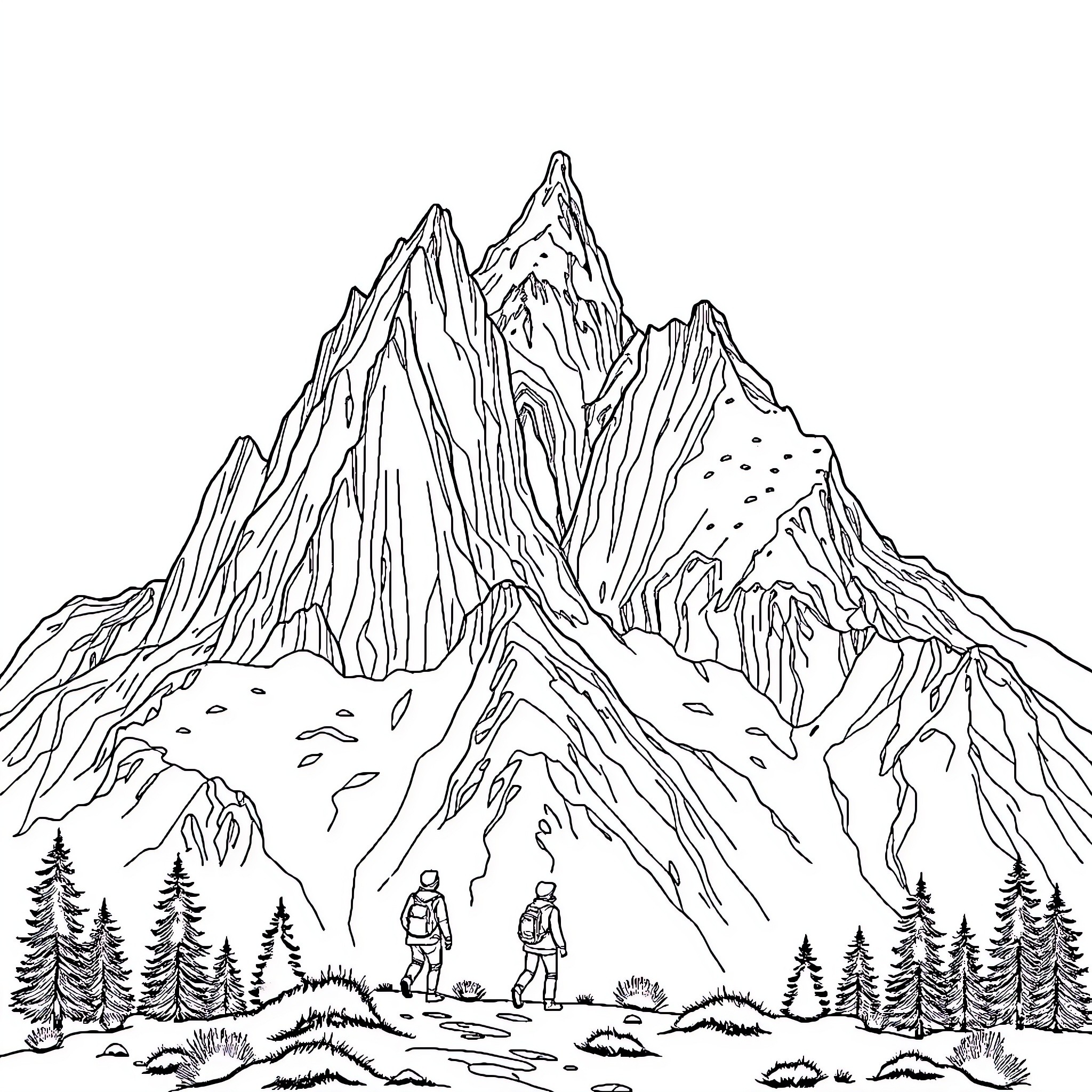 Mountain hikers exploring scenic landscape Coloring Page (free black-and-white line drawing printable PDF for all, from beginners to advanced learners, including children, teens, adults, and seniors)