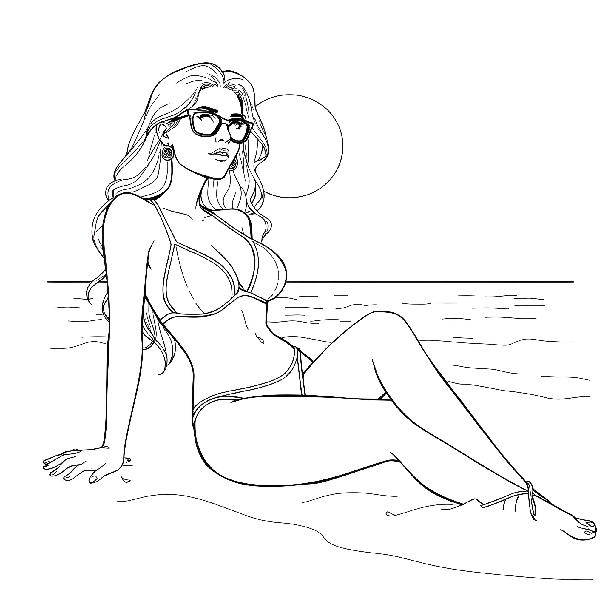 Woman relaxing on the beach in sunglasses Coloring Page (free black-and-white line drawing printable PDF for all, from beginners to advanced learners, including children, teens, adults, and seniors)