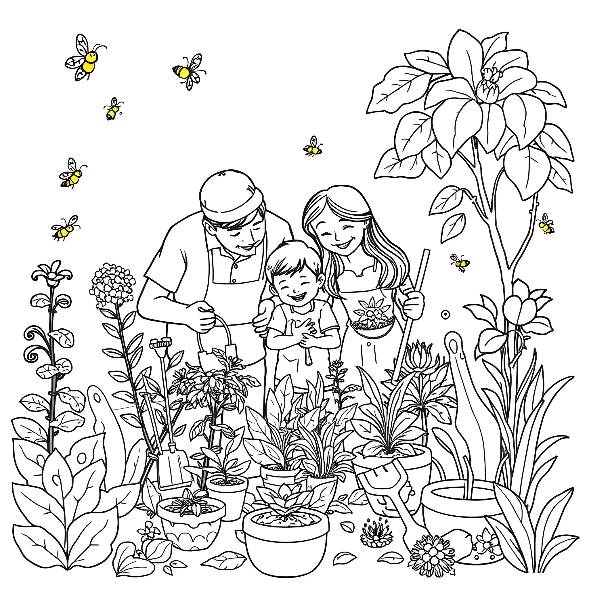 Family Gardening Together Amid Colorful Flowers Coloring Page (free black-and-white line drawing printable PDF for all, from beginners to advanced learners, including children, teens, adults, and seniors)