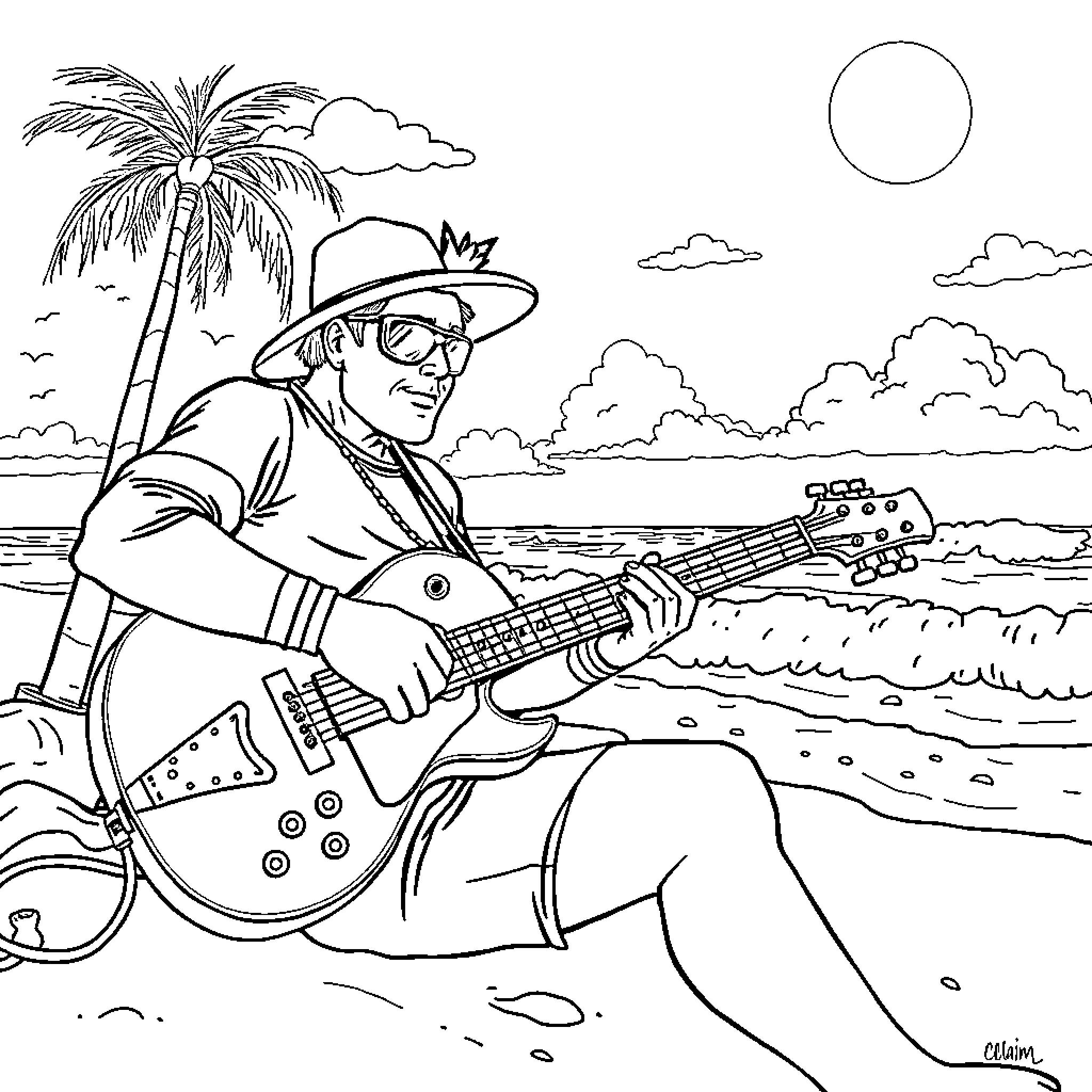 Guitar Player Relaxing on the Beach Coloring Page (free black-and-white line drawing printable PDF for all, from beginners to advanced learners, including children, teens, adults, and seniors)