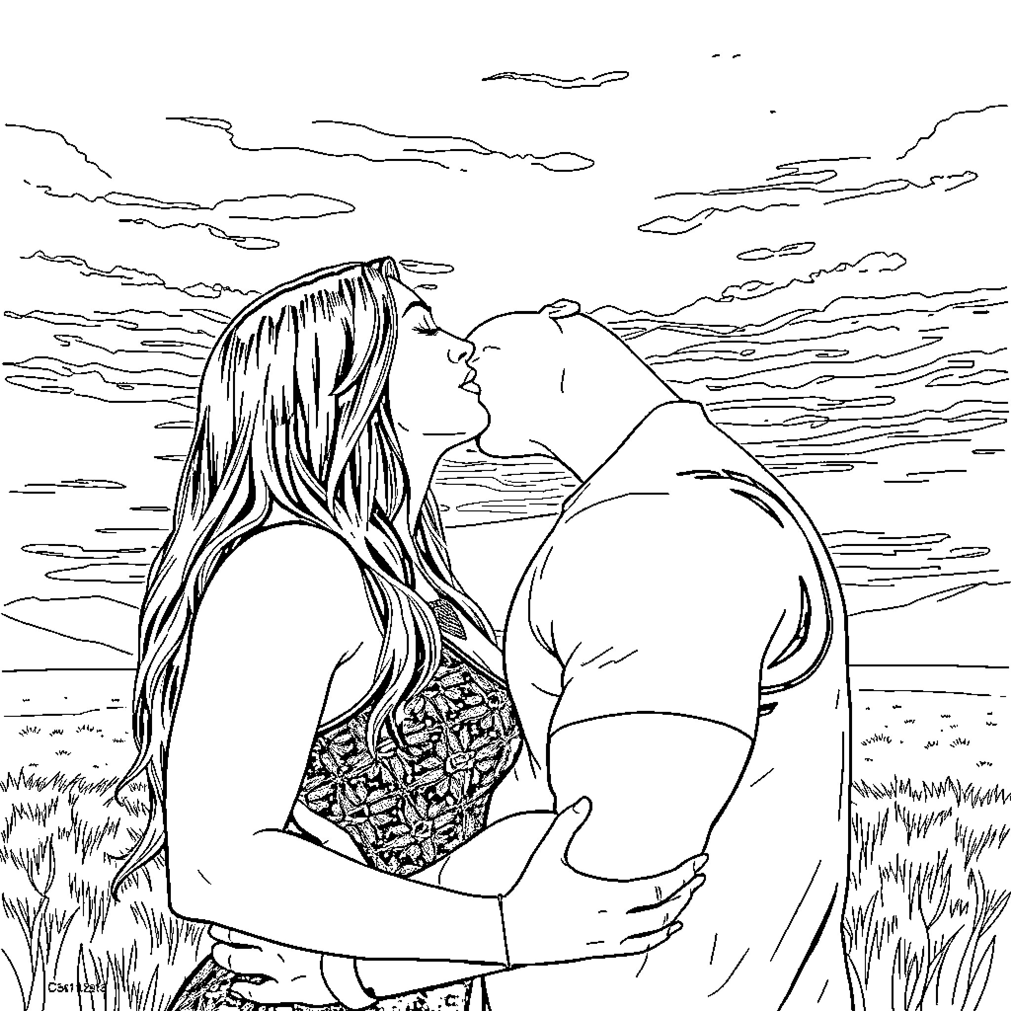 John Cena embraces his partner in a serene outdoor setting Coloring Page (free black-and-white line drawing printable PDF for all, from beginners to advanced learners, including children, teens, adults, and seniors)