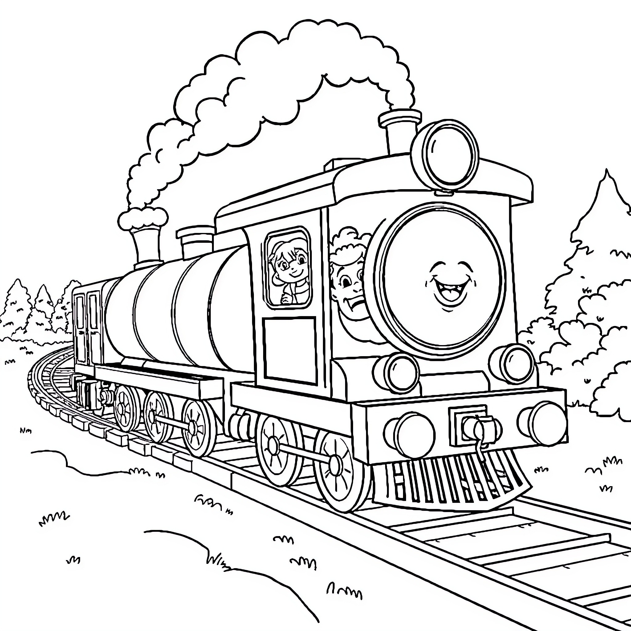 Train with happy characters on a journey Coloring Page (free black-and-white line drawing printable PDF for all, from beginners to advanced learners, including children, teens, adults, and seniors)