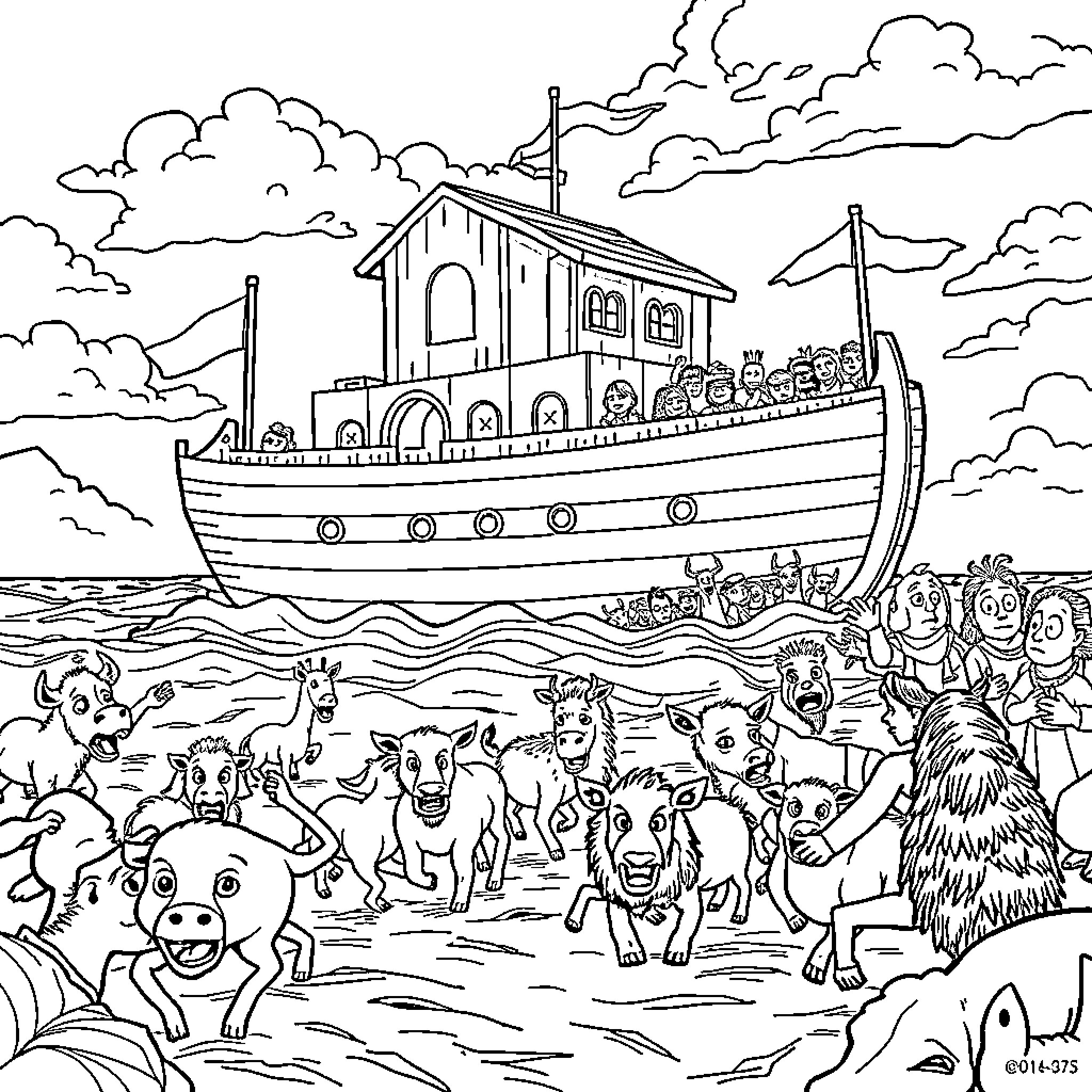 Noah's Ark filled with animals amid stormy clouds Coloring Page (free black-and-white line drawing printable PDF for all, from beginners to advanced learners, including children, teens, adults, and seniors)