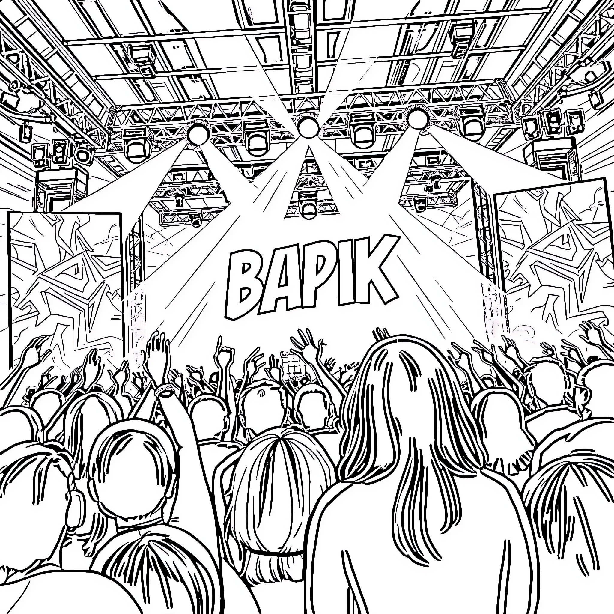 Blackpink Performing on Stage with Enthusiastic Crowd Coloring Page (free black-and-white line drawing printable PDF for all, from beginners to advanced learners, including children, teens, adults, and seniors)